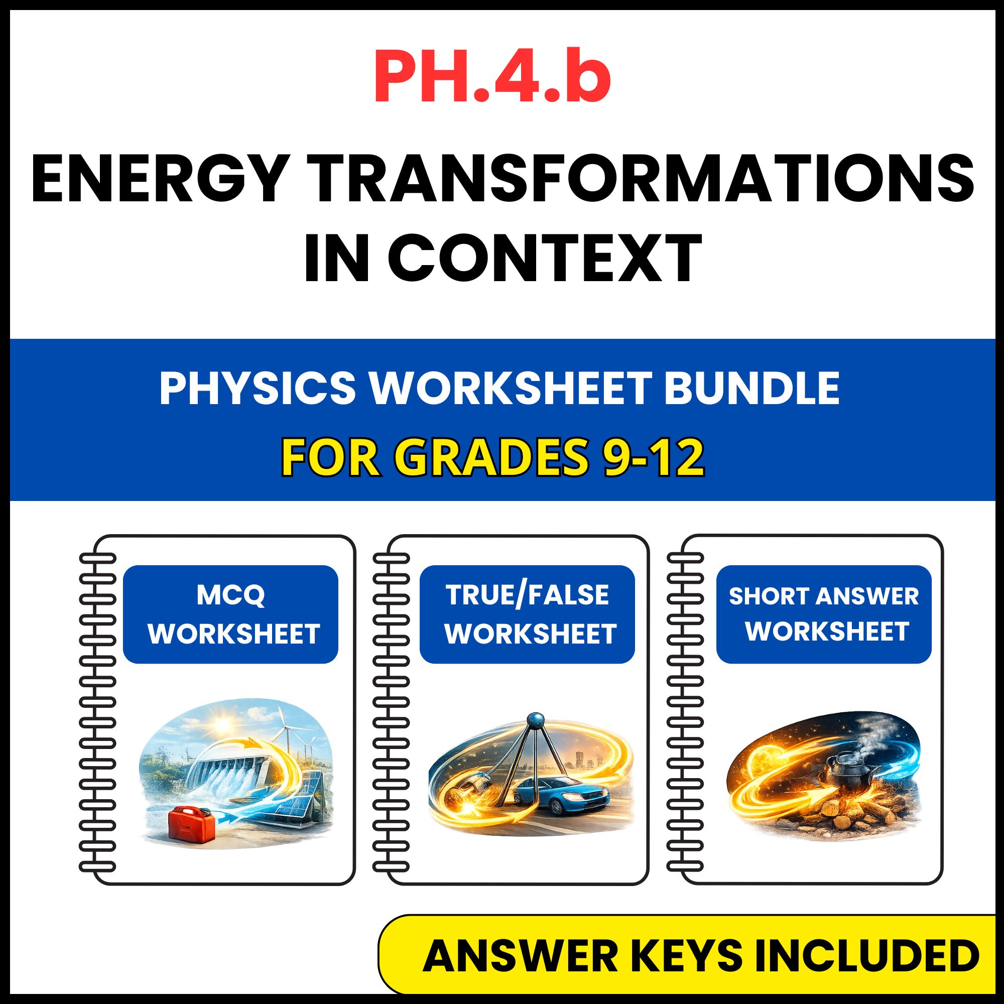 VA SOL Physics | Energy Transformations in Context | 3 Worksheets | Grade 9-12