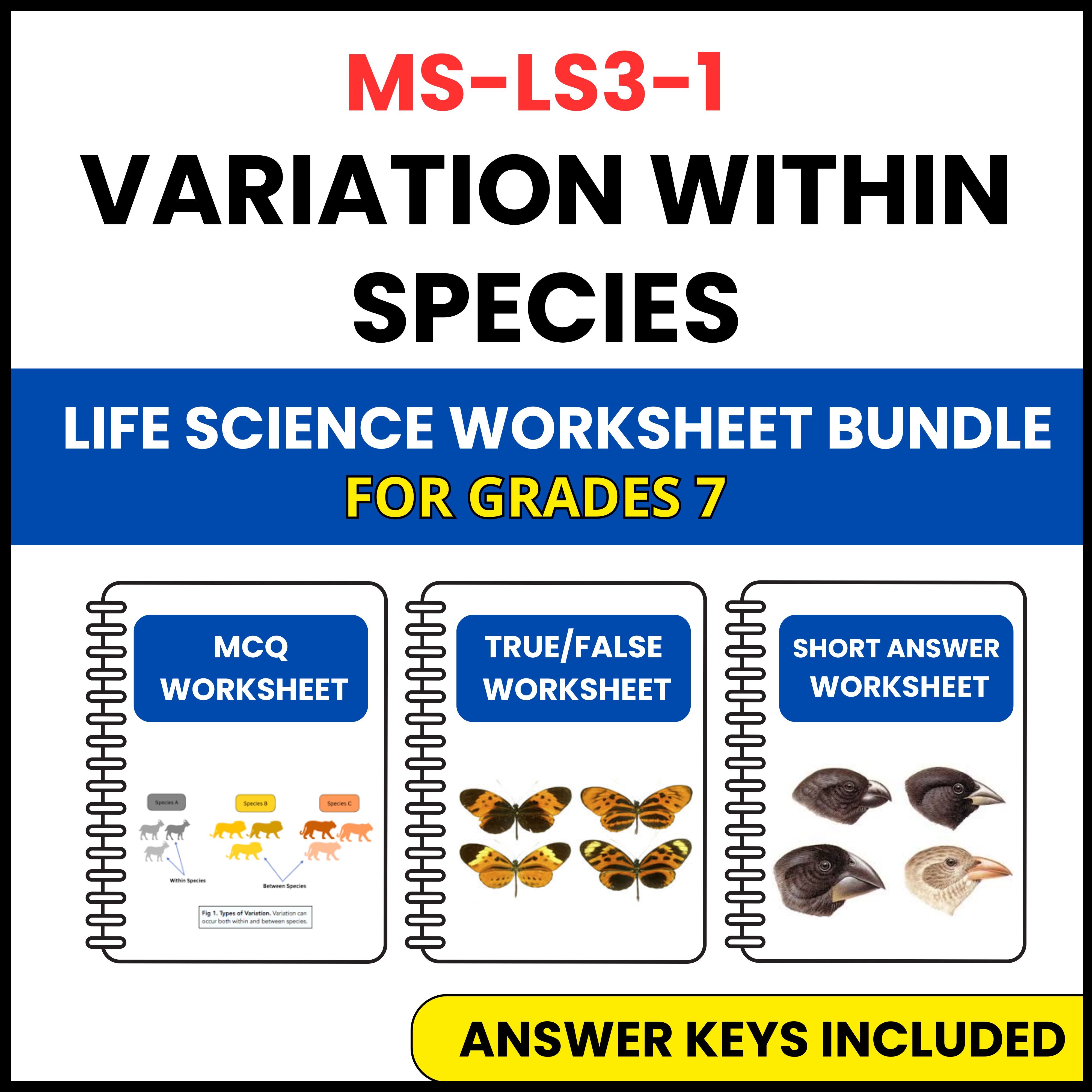 MS NGSS Life Science | Variation Within Species | 3 Worksheets | Grade 7