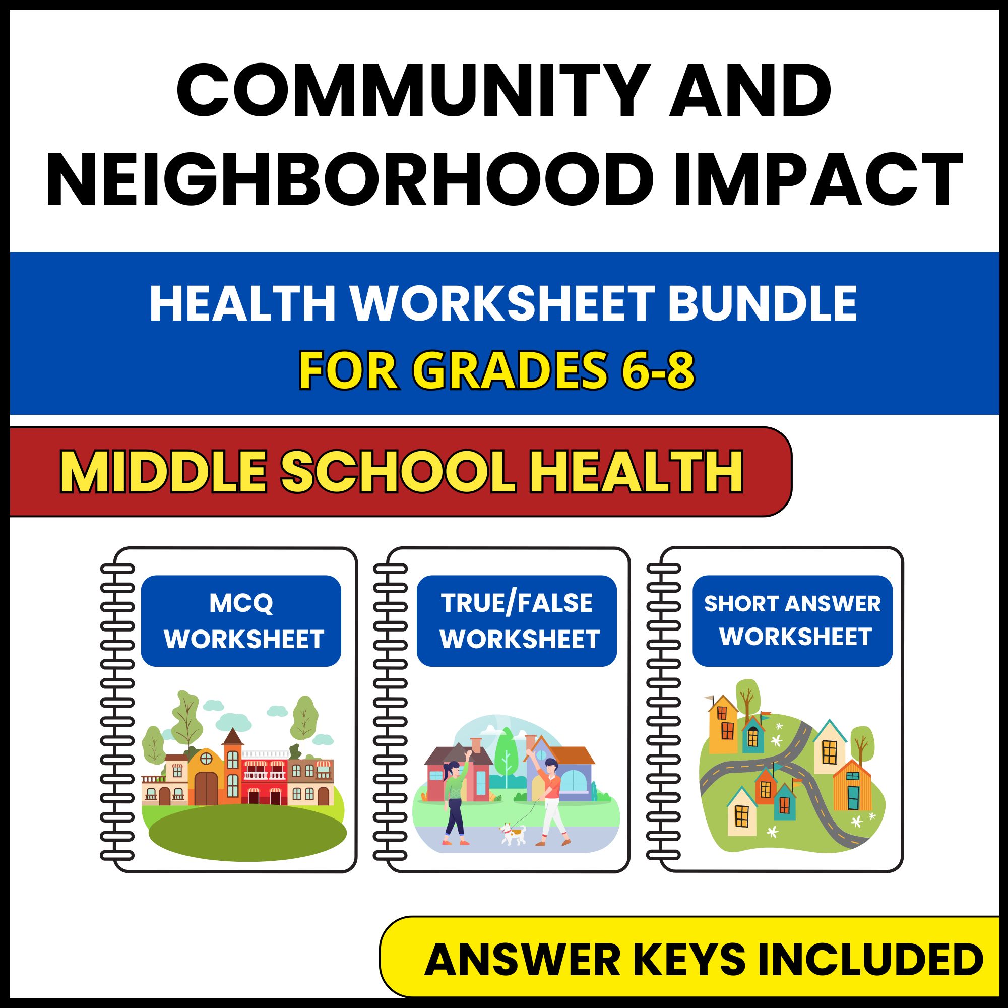 MS Health | Community and Neighborhood Impact | 3 Worksheets | Grade 6-8