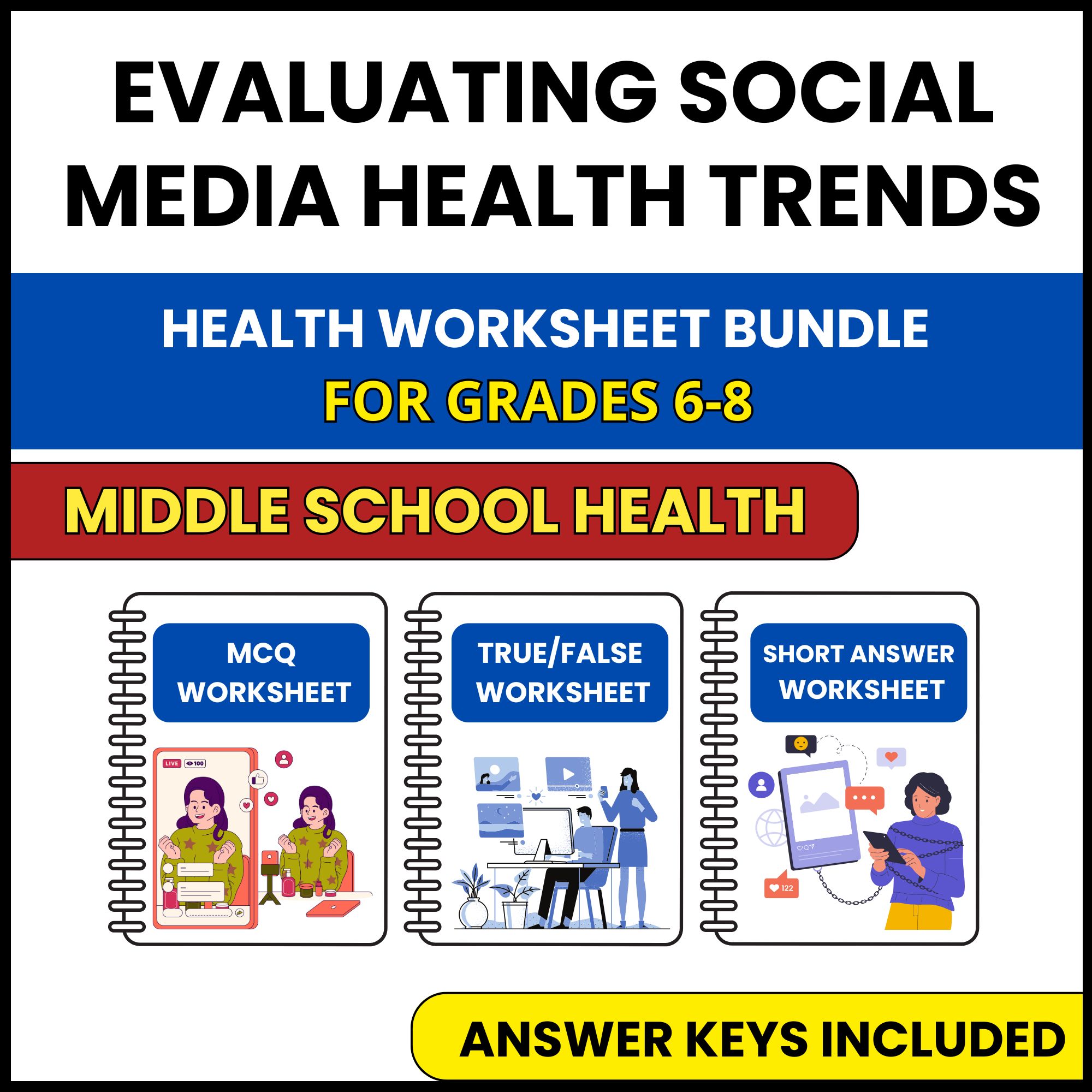 MS Health | Evaluating Social Media Health Trends | 3 Worksheets | Grade 6-8