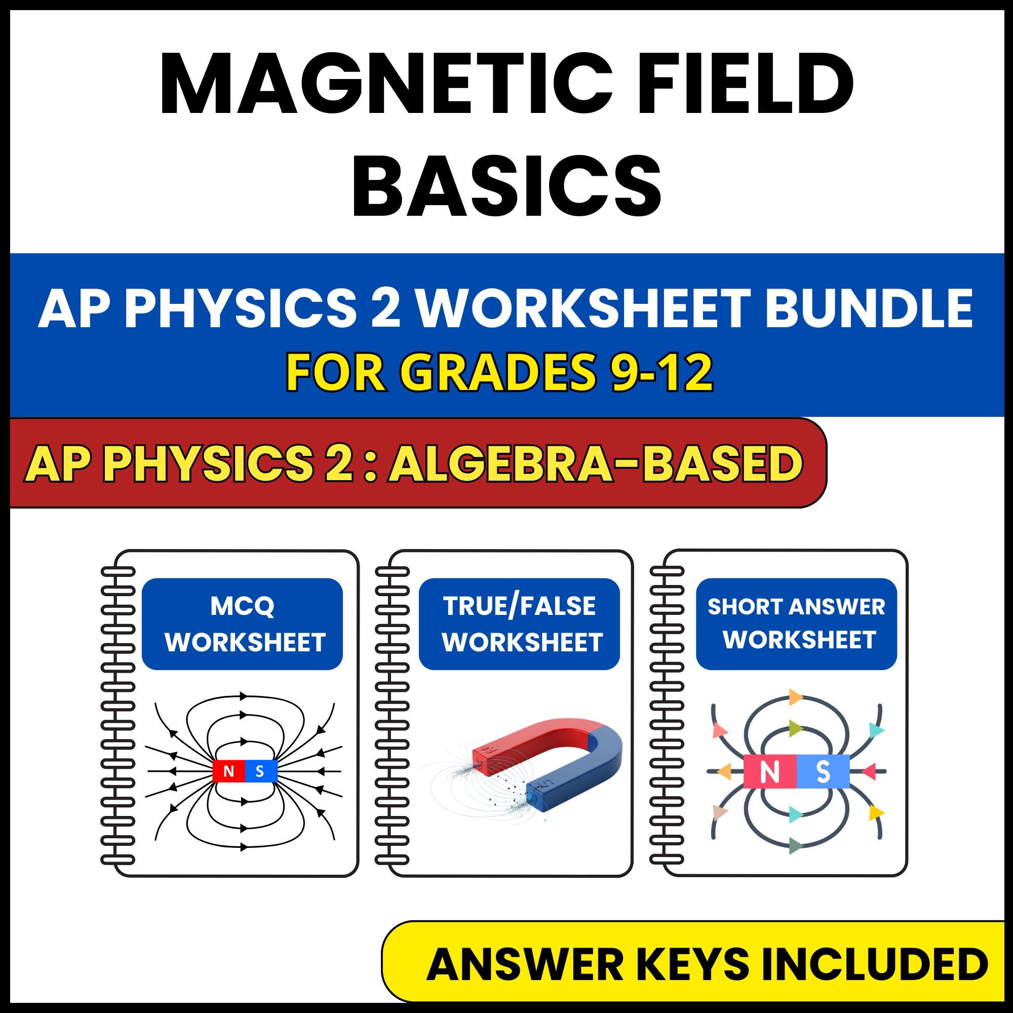 AP Physics 2 | Magnetic Field Basics | 3 Worksheets | Grade 9-12
