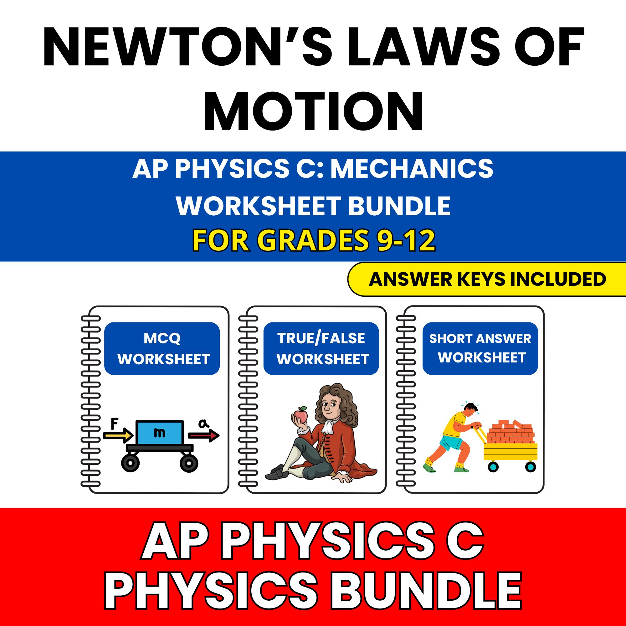 AP Physics C Mech | Newton’s Laws of Motion | 30 Worksheets BUNDLE | Grade 9-12