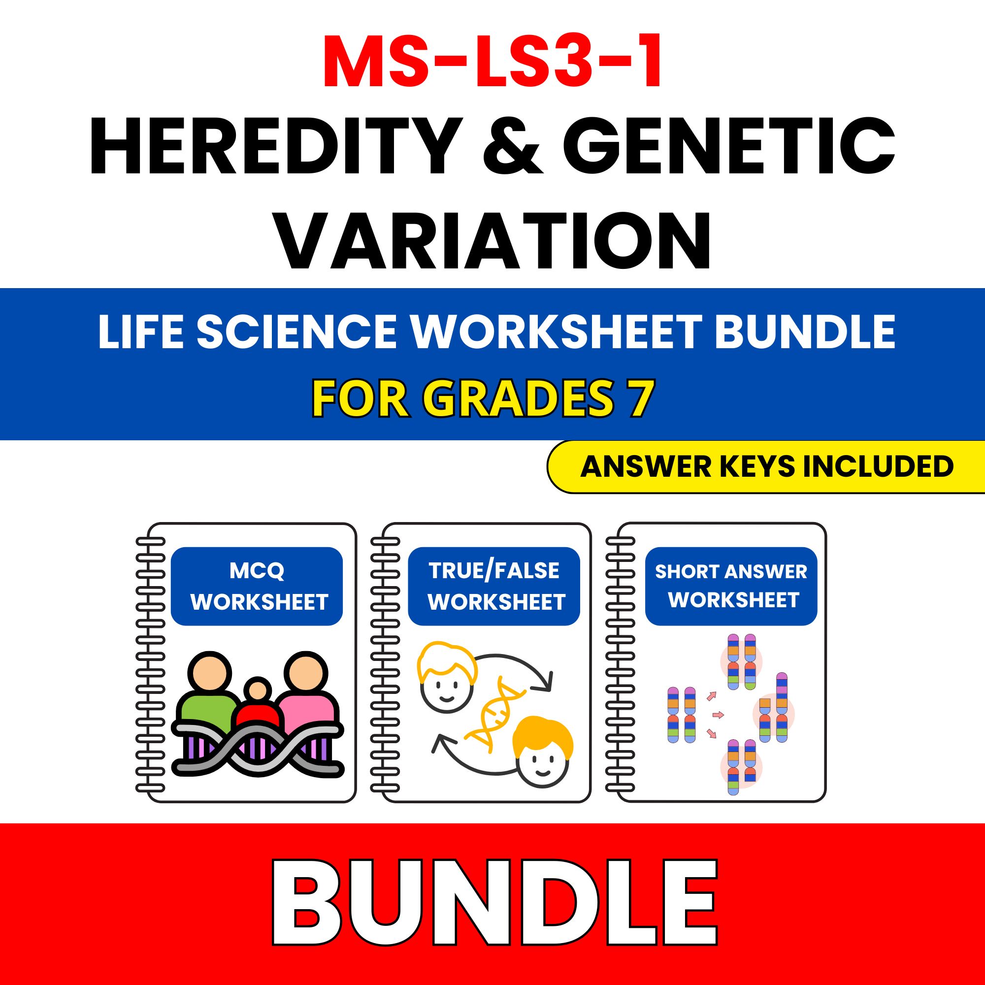 MS NGSS Life Science | Heredity and Genetic | 45 Worksheets BUNDLE | Grade 7