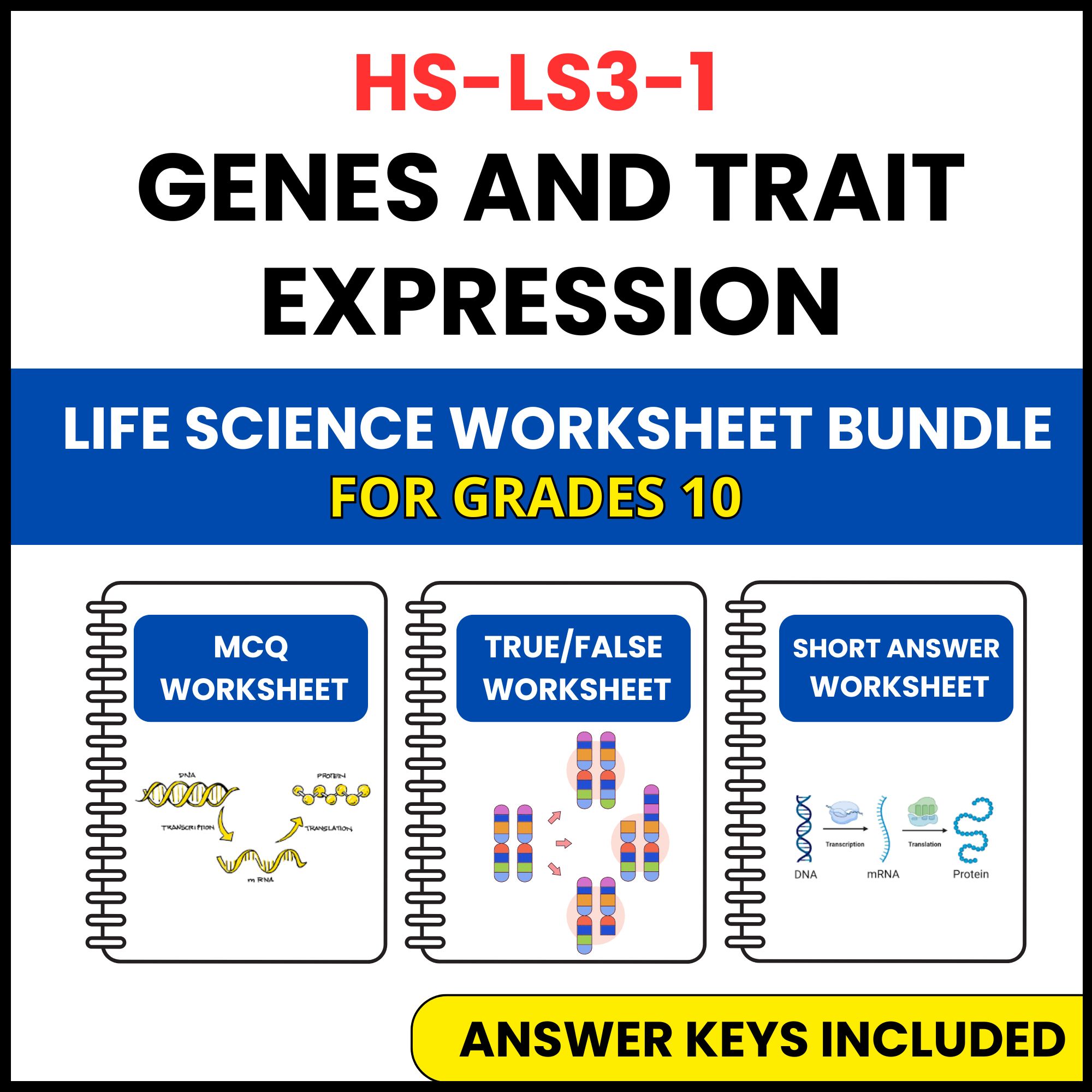 HS NGSS Life Science | Genes and Trait Expression | 3 Worksheets | Grade 10