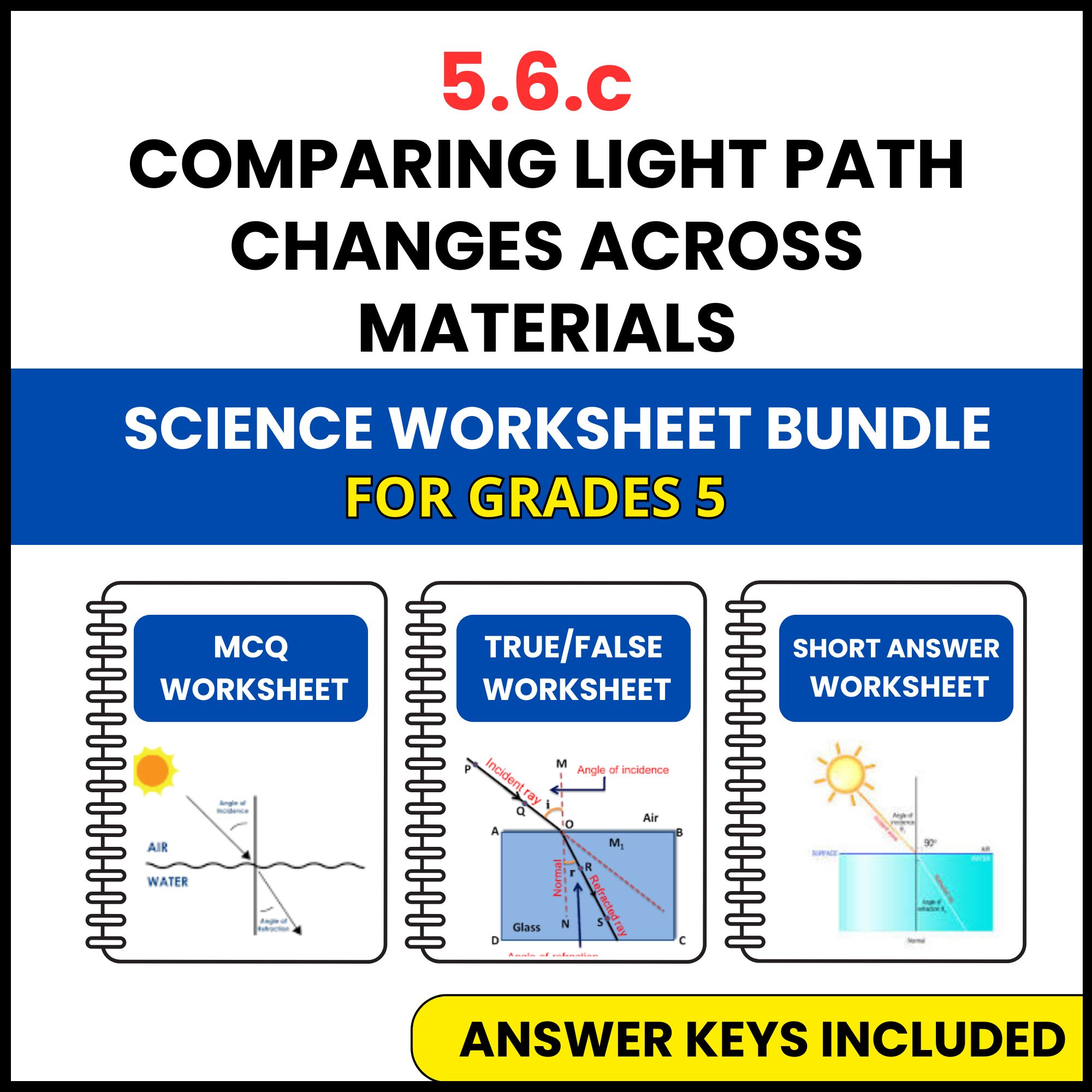 VA SOL Science | Light Path Changes Across Materials | 3 Worksheets | Grade 5