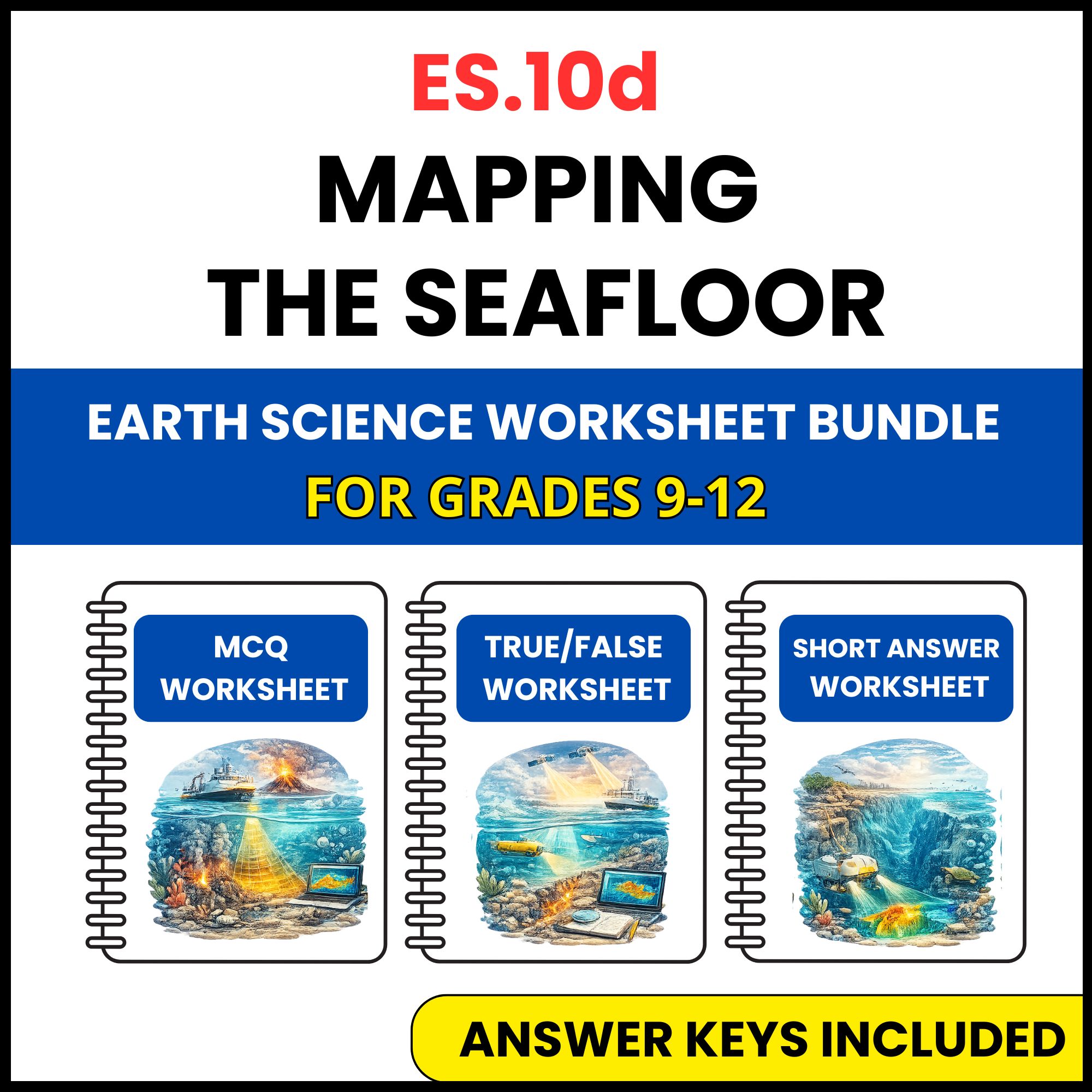 VA SOL Earth Science | Mapping the Seafloor | 3 Worksheets | Grade 9-12