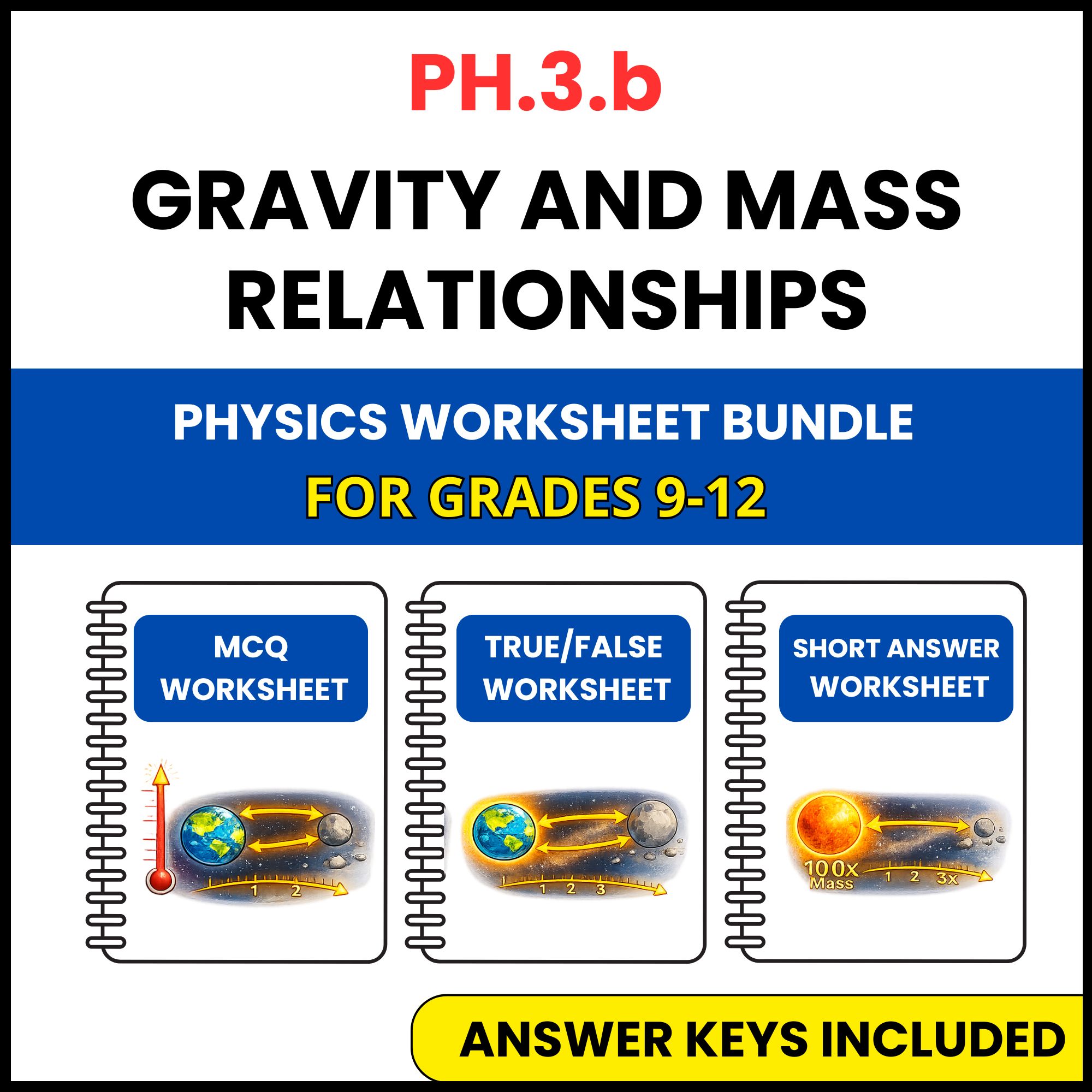 VA SOL Physics | Gravity and Mass Relationships | 3 Worksheets | Grade 9-12