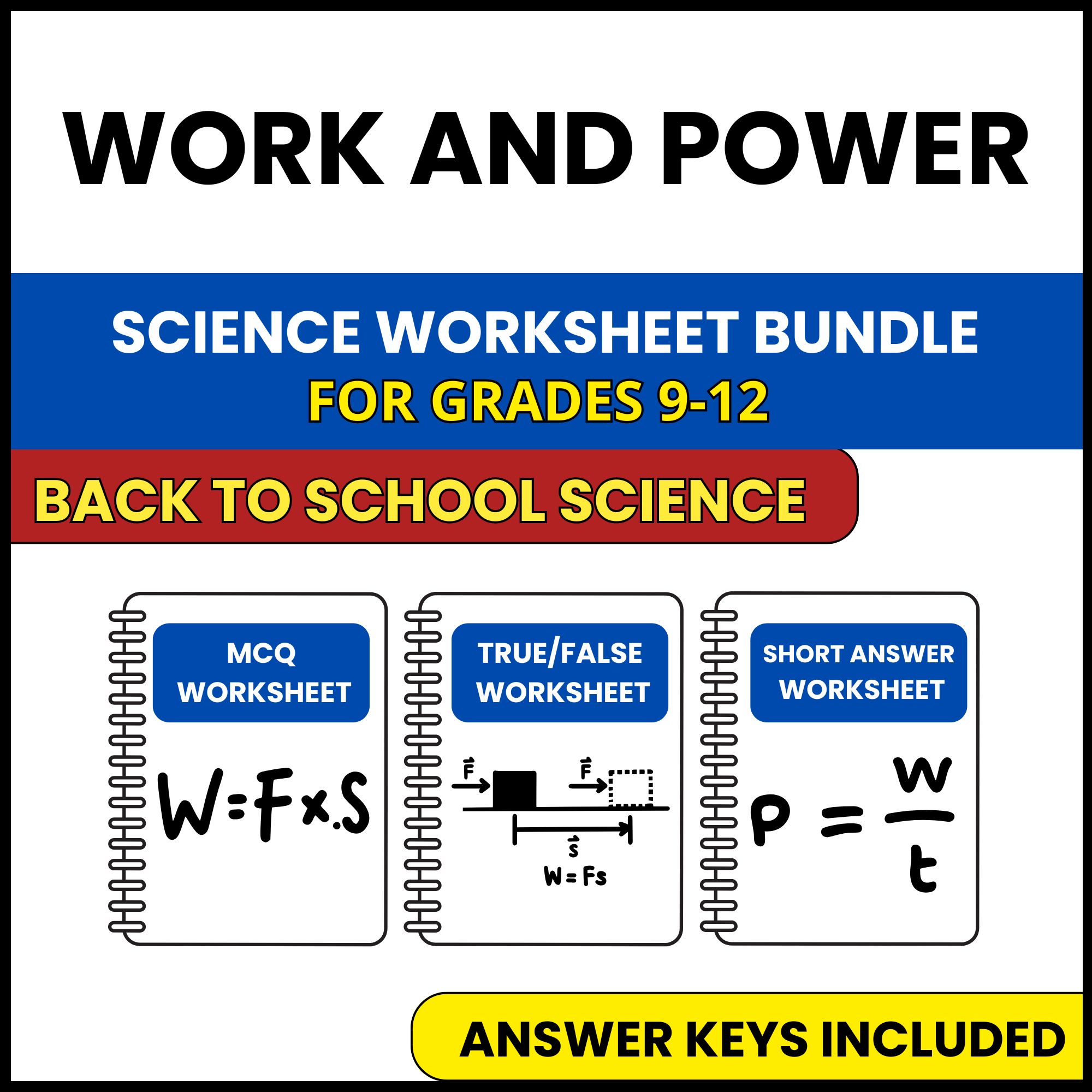Back to School | Work and Power | 3 Worksheets | Grade 9-12