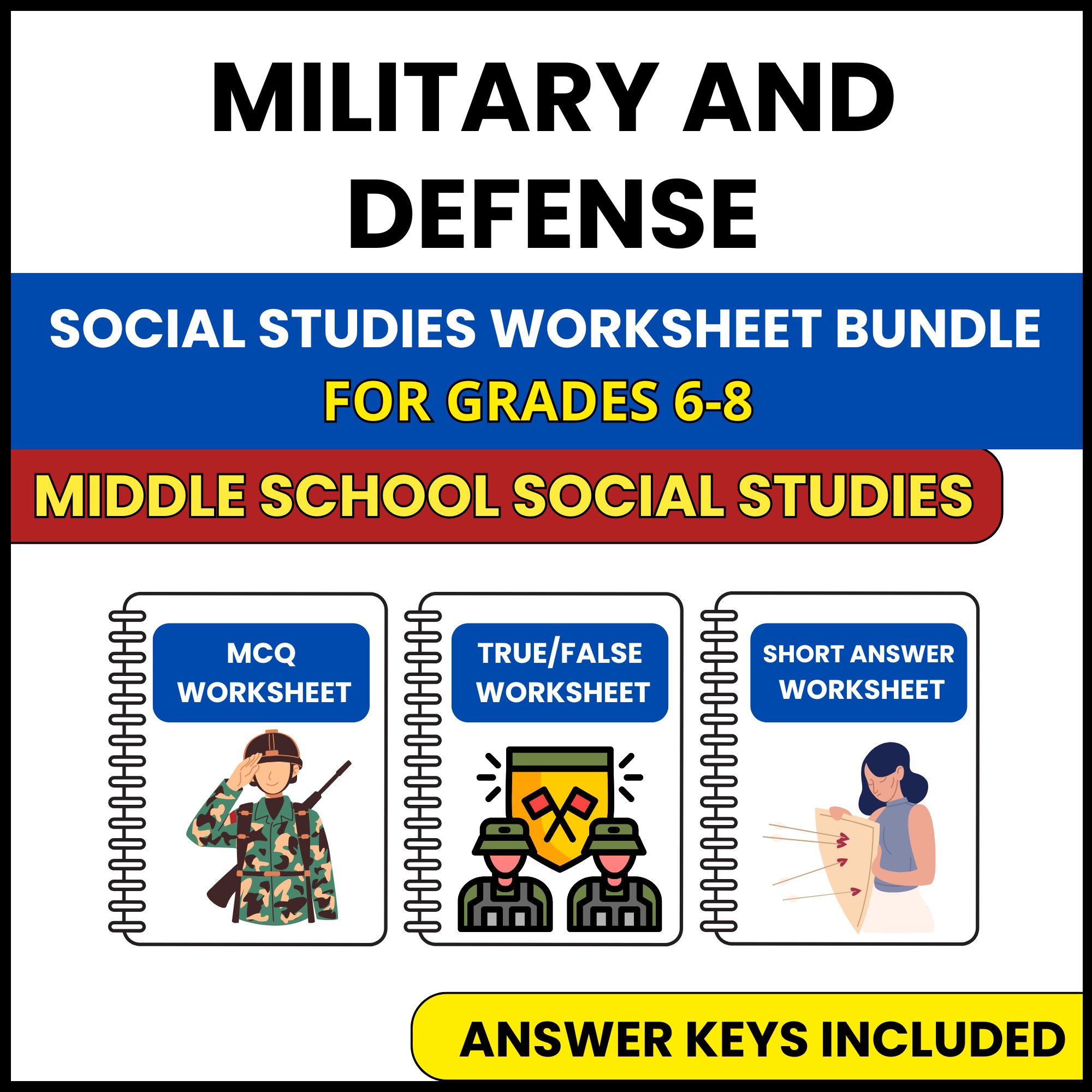MS Social Studies | Military and Defense | 3 Worksheets | Grade 6-8