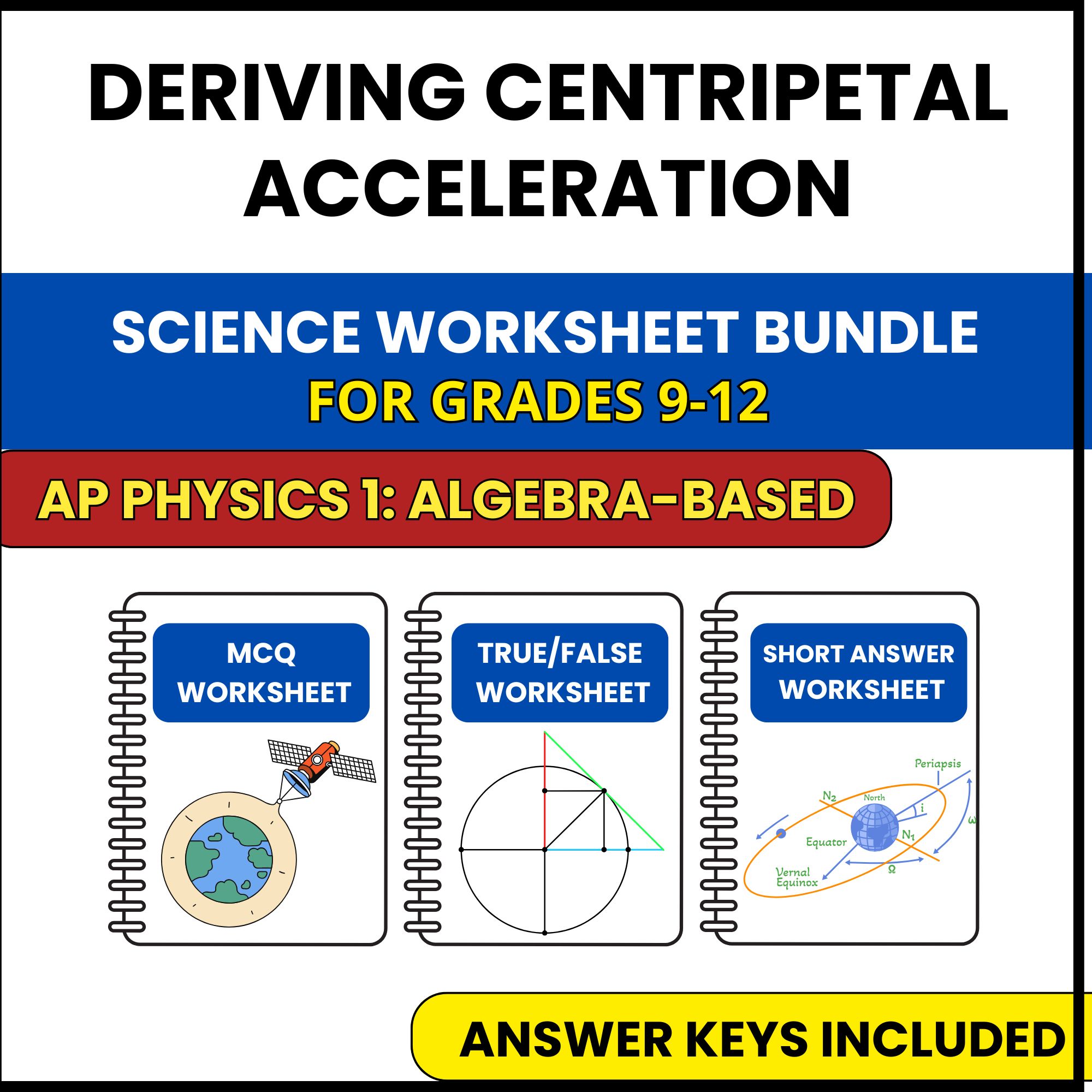 AP Physics 1 | Deriving Centripetal Acceleration | 3 Worksheets | Grade 9-12