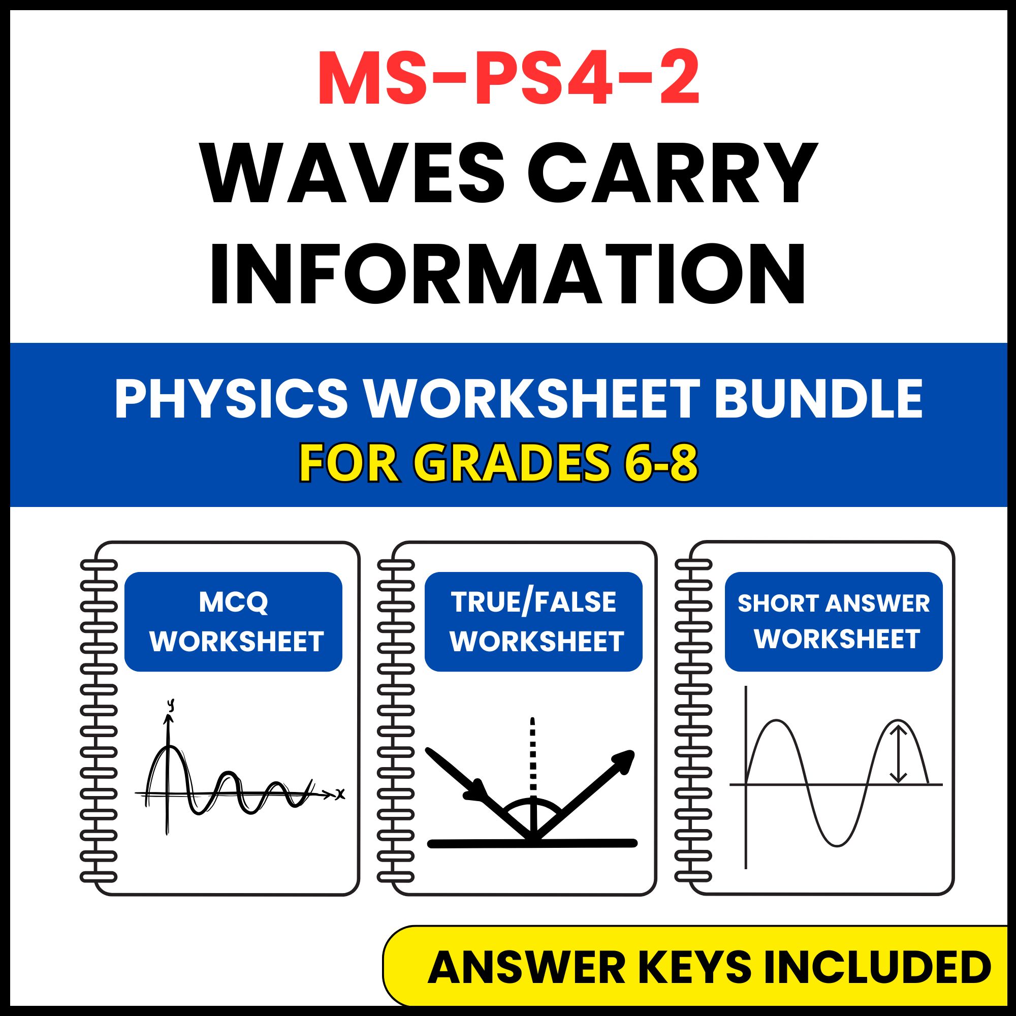MS NGSS Physics | Waves Carry Information | 3 Worksheets | Grade 6-8