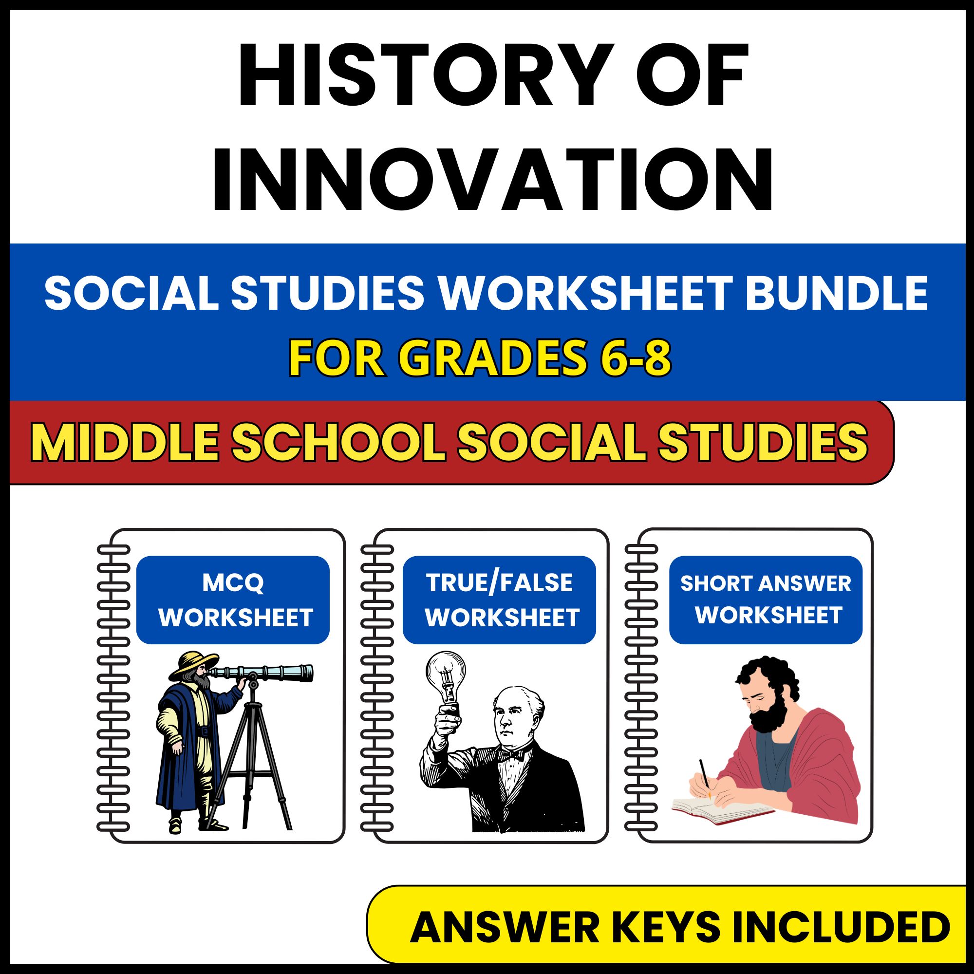 MS Social Studies | History of Innovation | 3 Worksheets | Grade 6-8