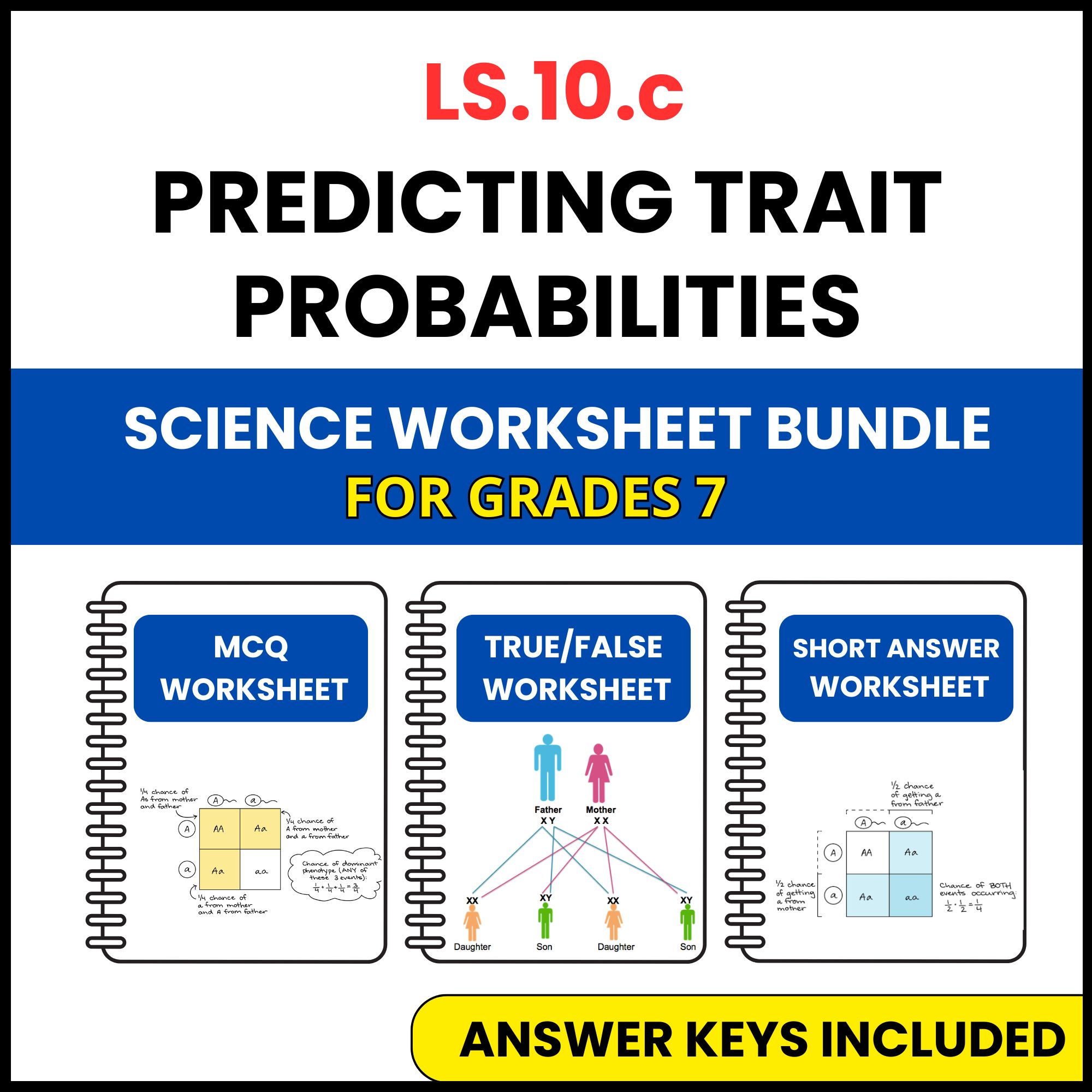 VA SOL Life Science | Predicting Trait Probabilities | 3 Worksheets | Grade 7