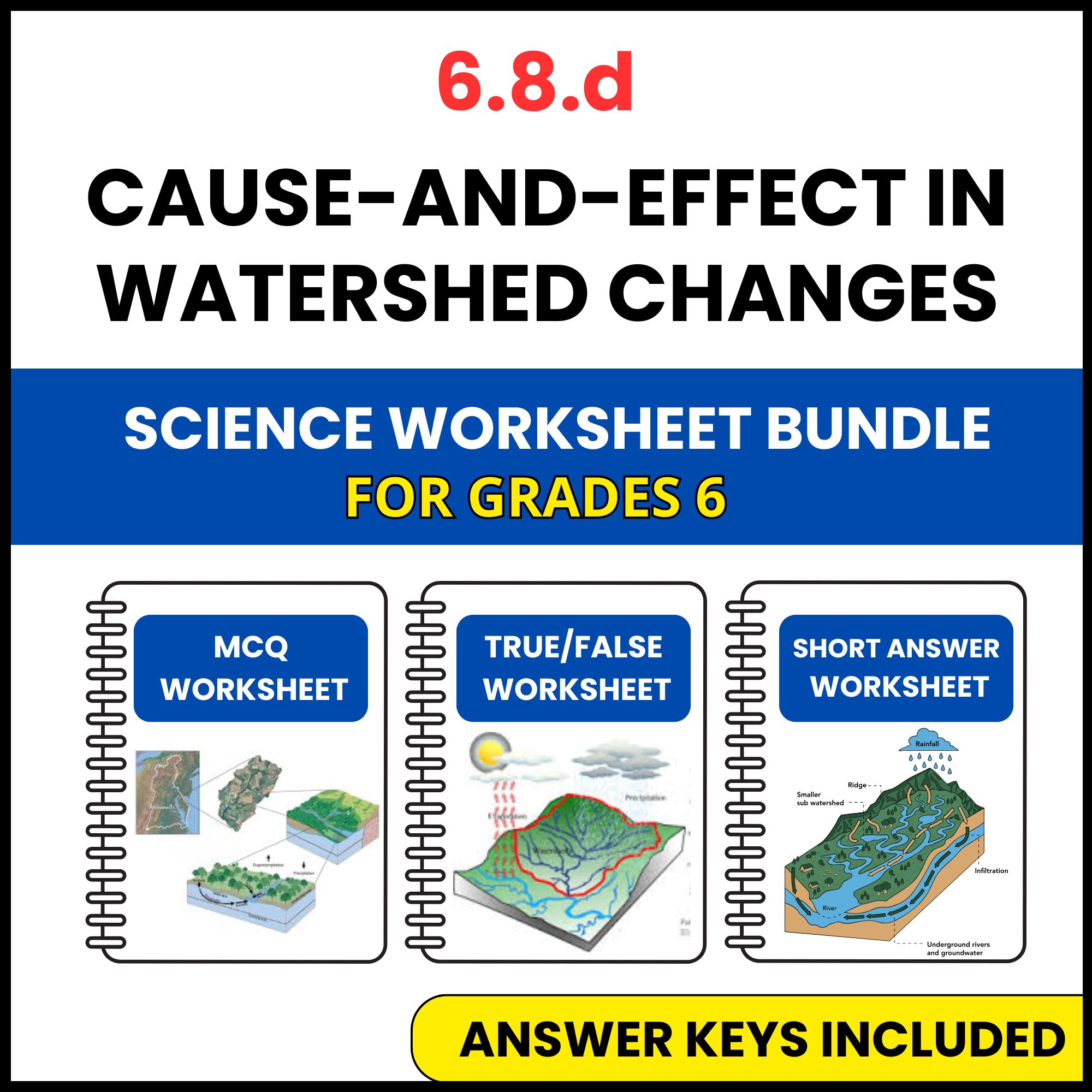 VA SOL Science | Cause and Effect in Watershed Changes | 3 Worksheets | Grade 6