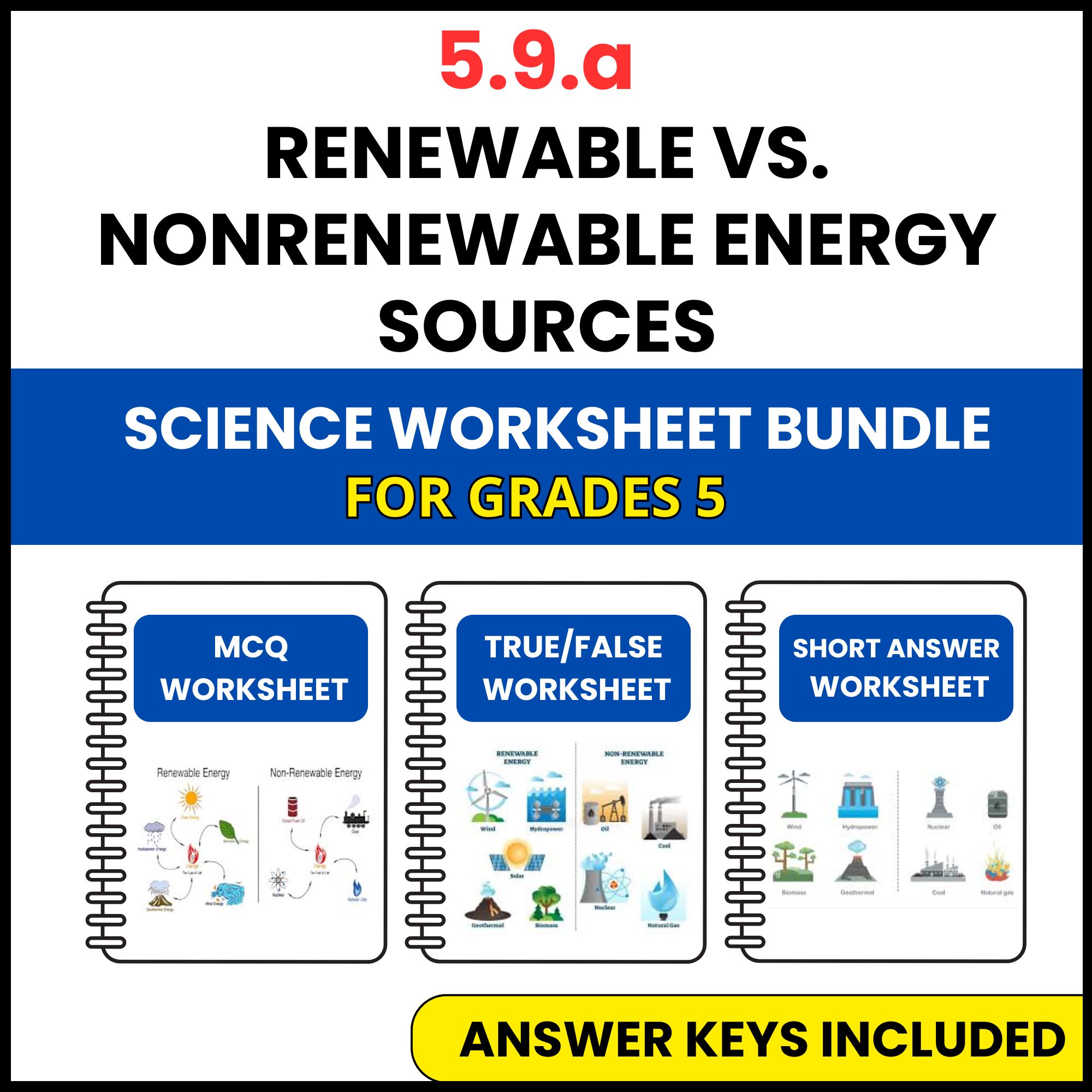 VA SOL Science | Renewable and Nonrenewable Energy | 3 Worksheets | Grade 5