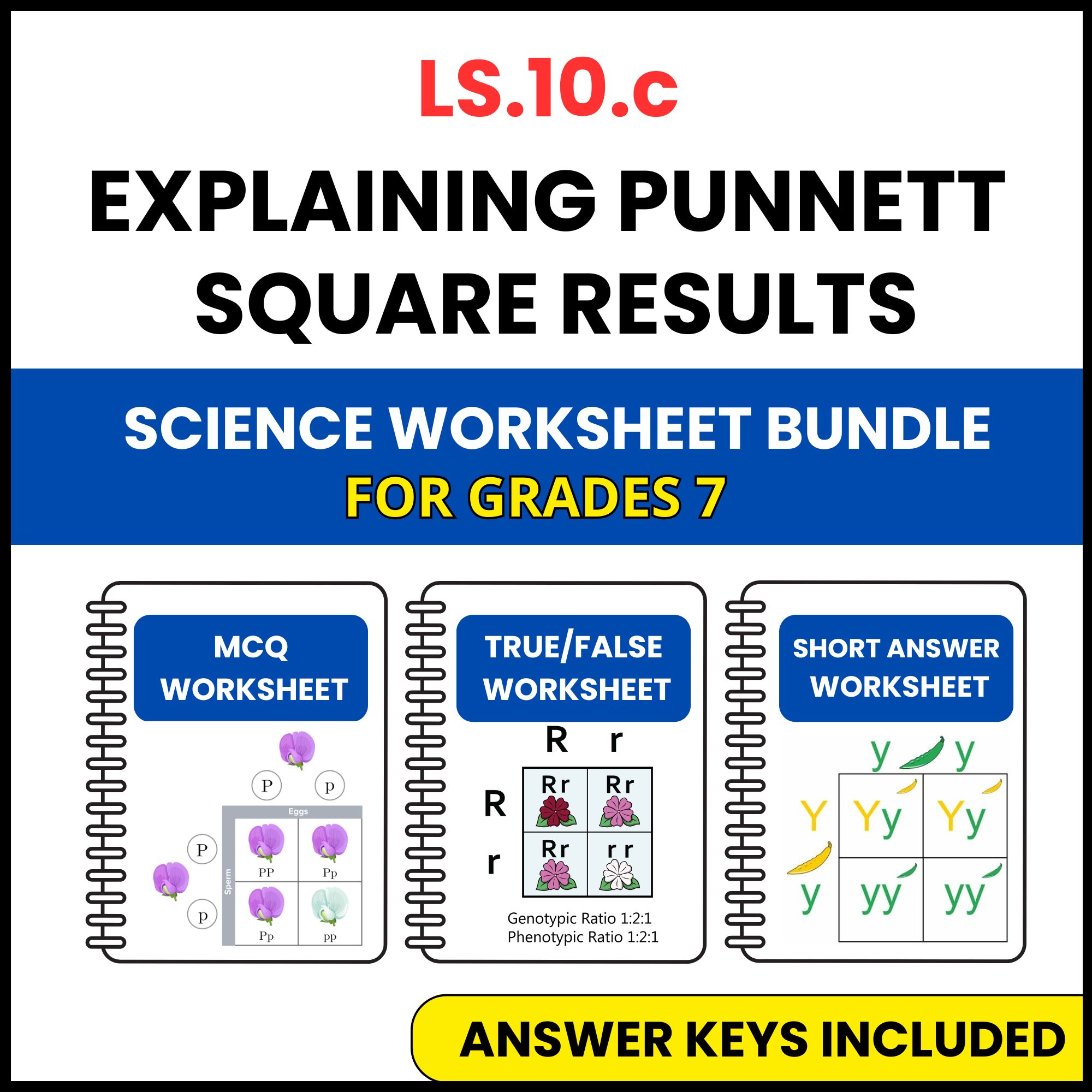 VA SOL Life Science | Explaining Punnett Square Results | 3 Worksheets | Grade 7