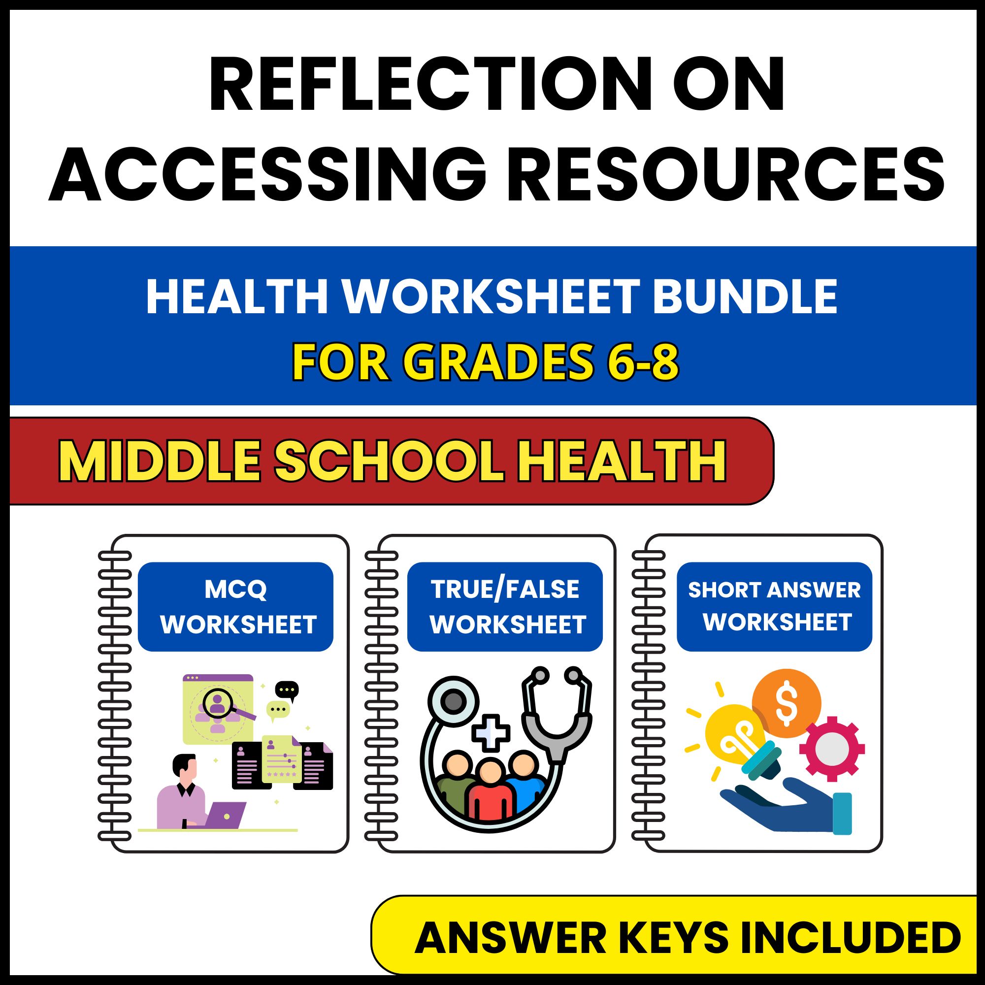 MS Health | Reflection on Accessing Resources | 3 Worksheets | Grade 6-8