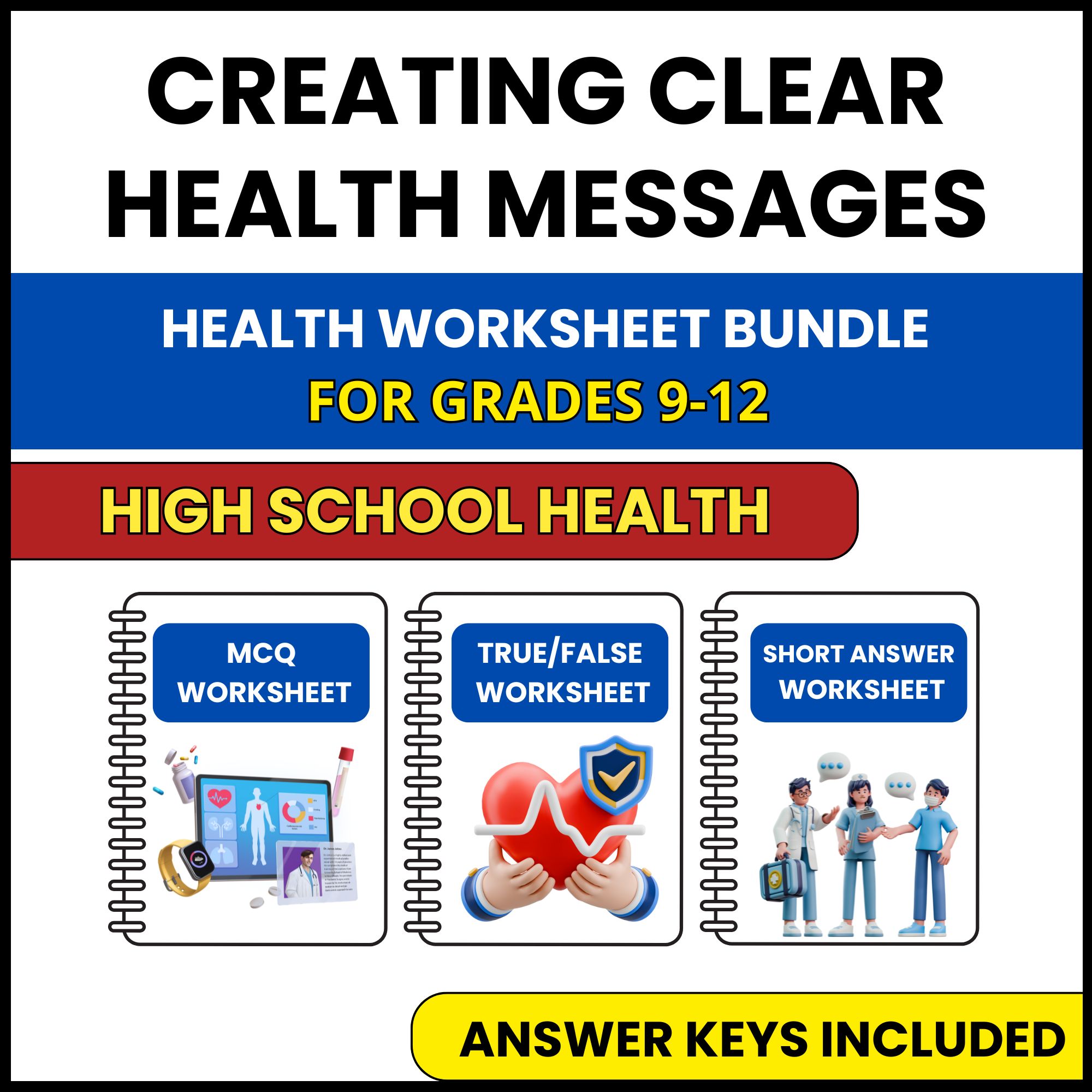 HS Health | Creating Clear Health Messages | 3 Worksheets | Grade 9-12