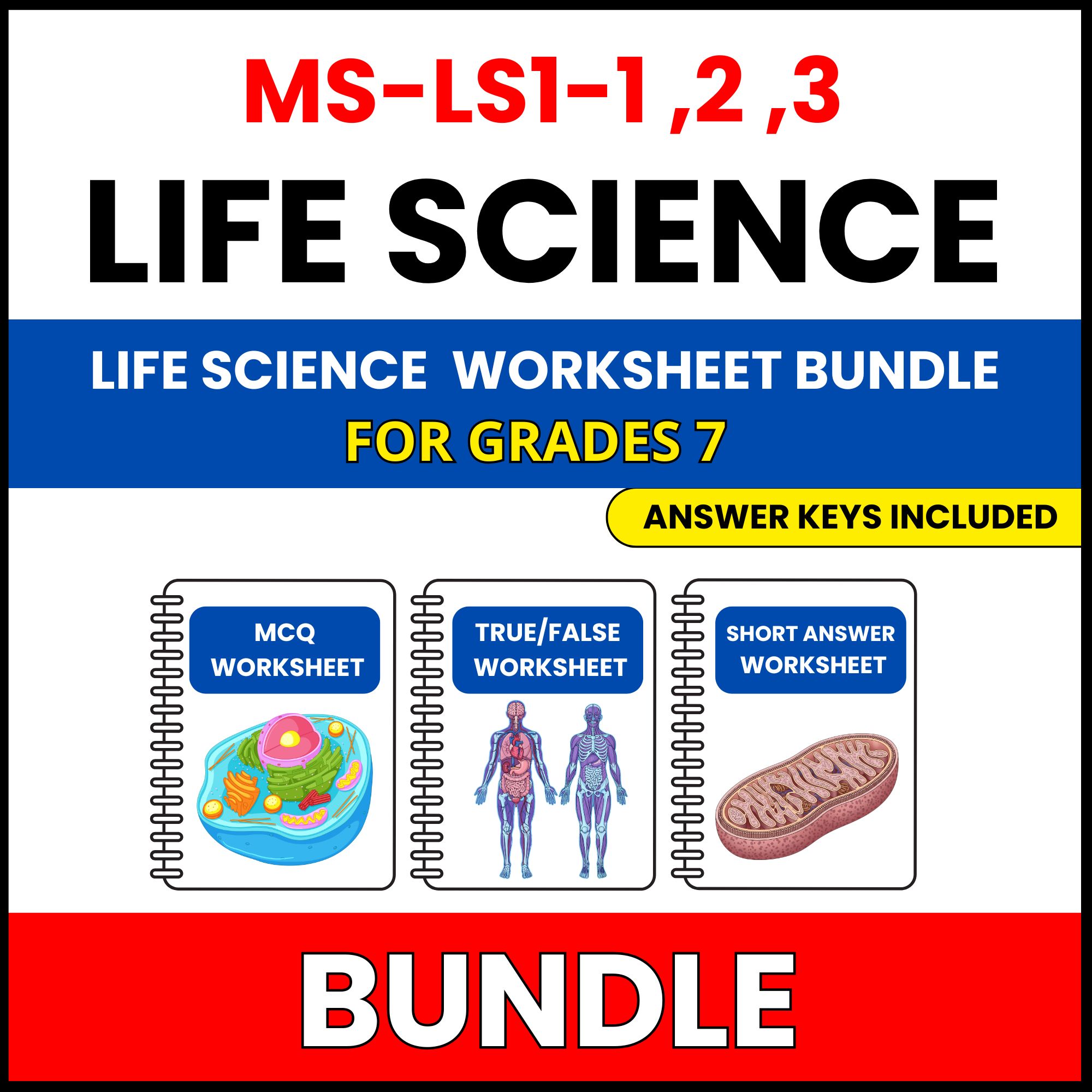 MS NGSS Life Science | Cells and Body | 45 Worksheets BUNDLE | Grade 7