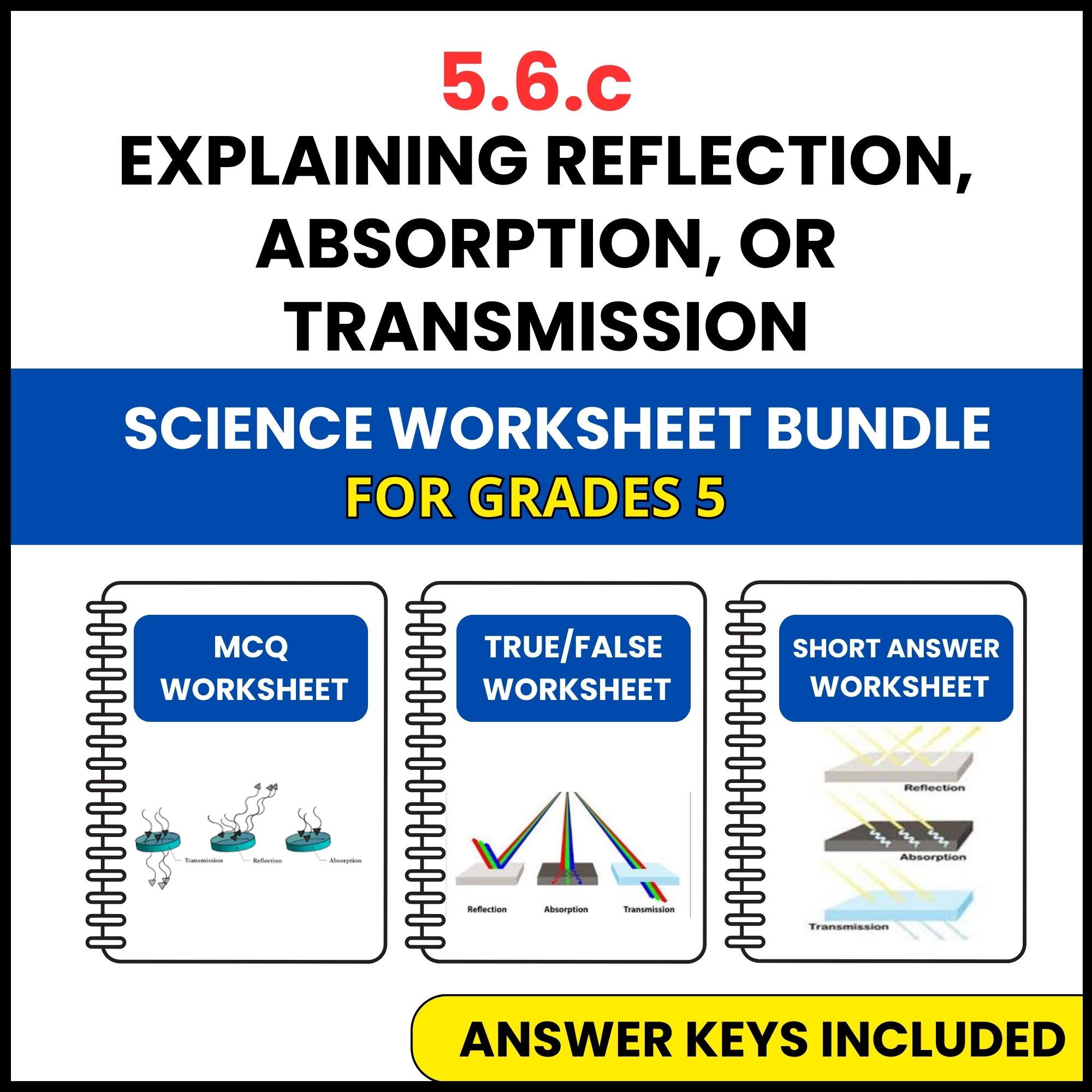 VA SOL Science | Reflection, Absorption, or | 3 Worksheets | Grade 5
