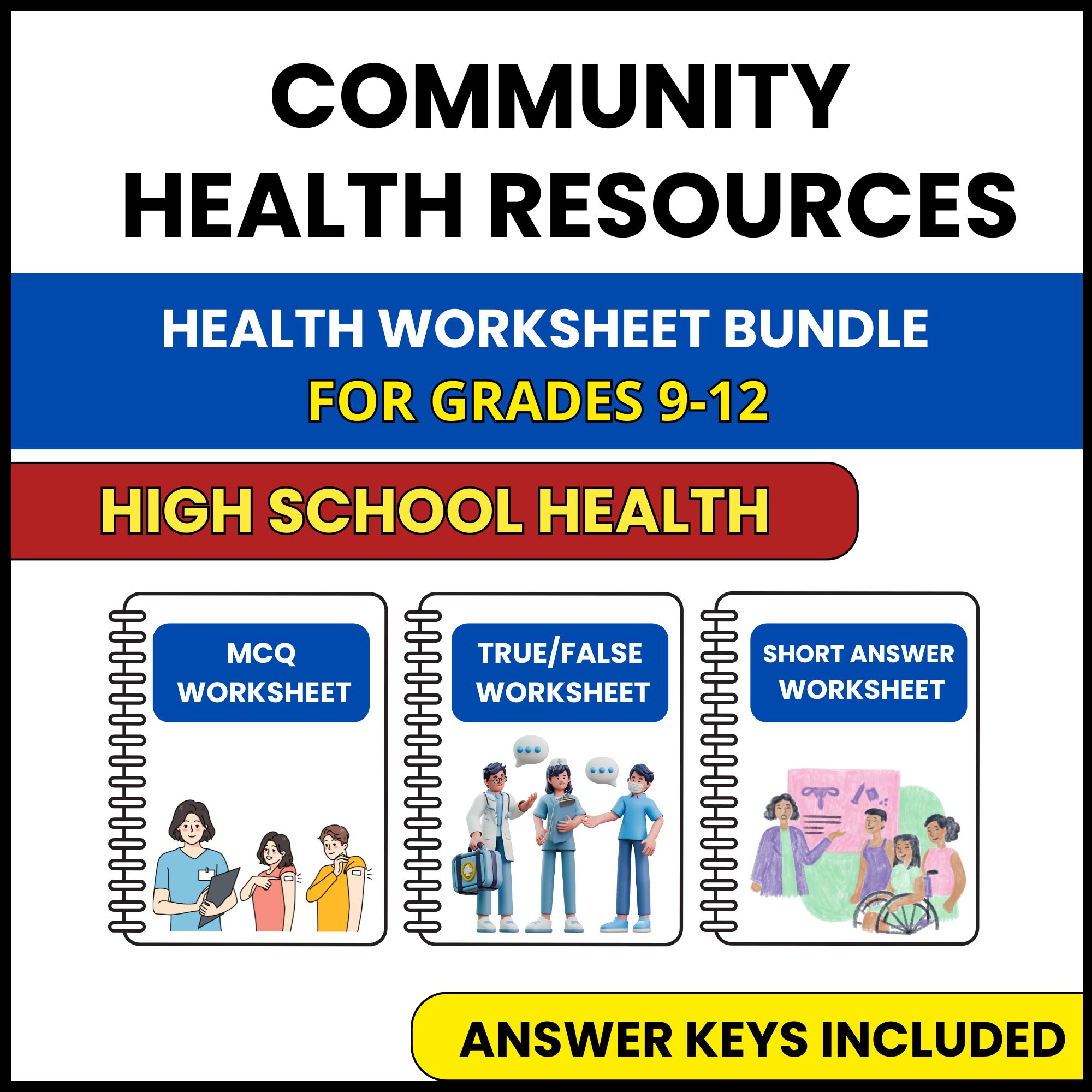 HS Health | Community Health Resources | 3 Worksheets | Grade 9-12