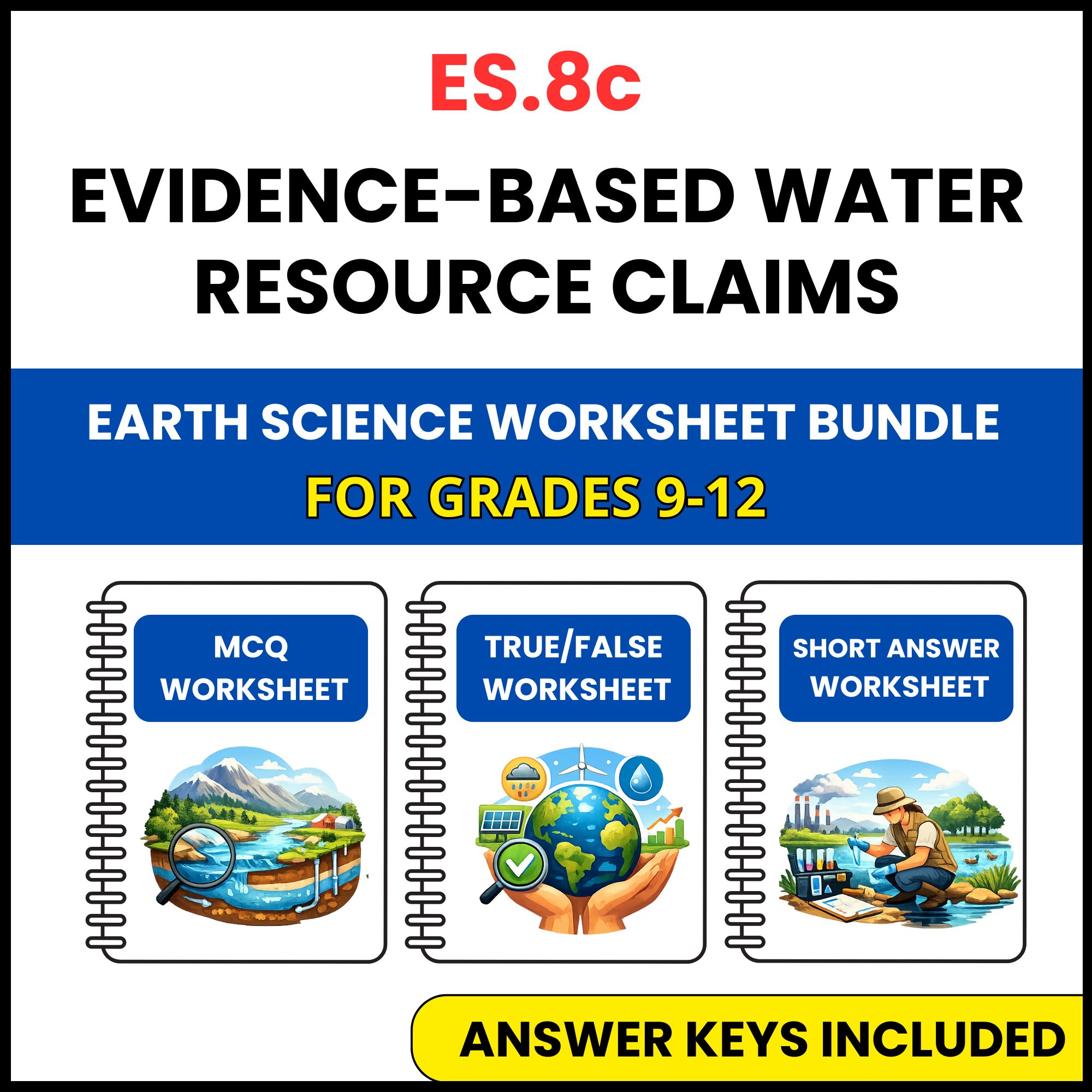 VA SOL Earth Science | Evidence Based Water Resource | 3 Worksheets | Grade 9-12