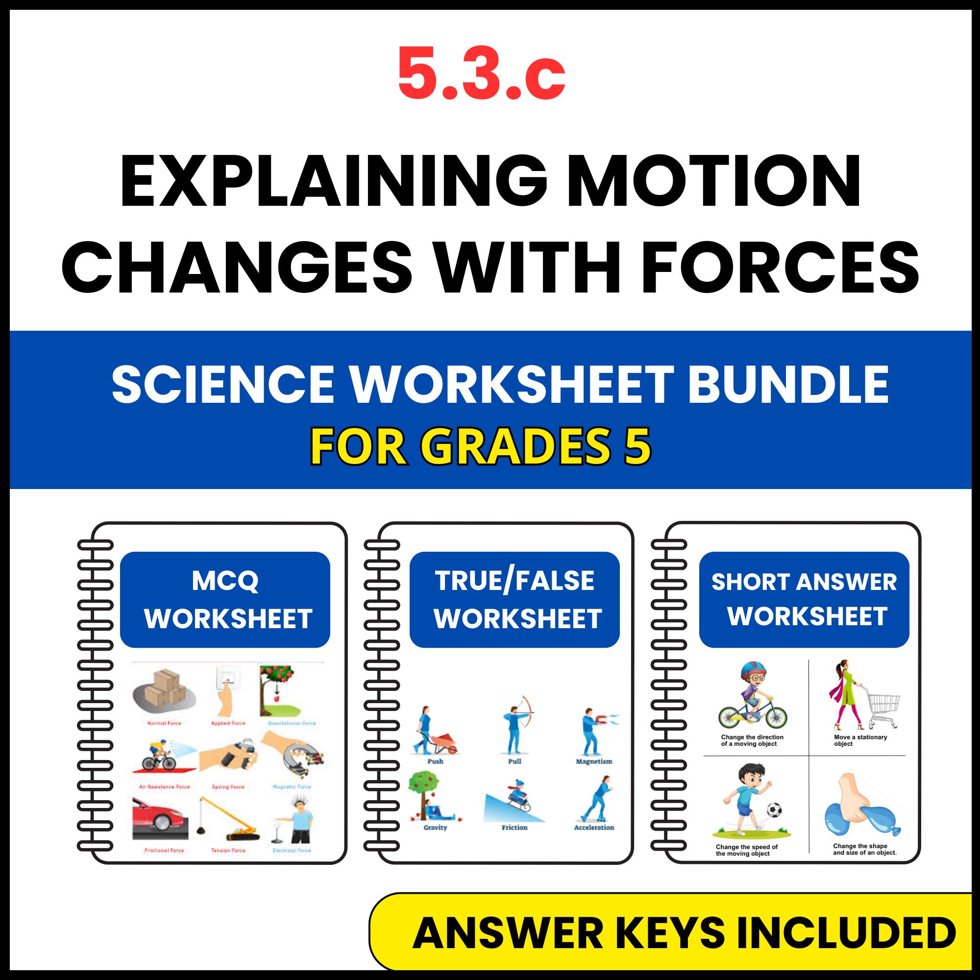 VA SOL Science | Explaining Motion Changes with Forces | 3 Worksheets | Grade 5