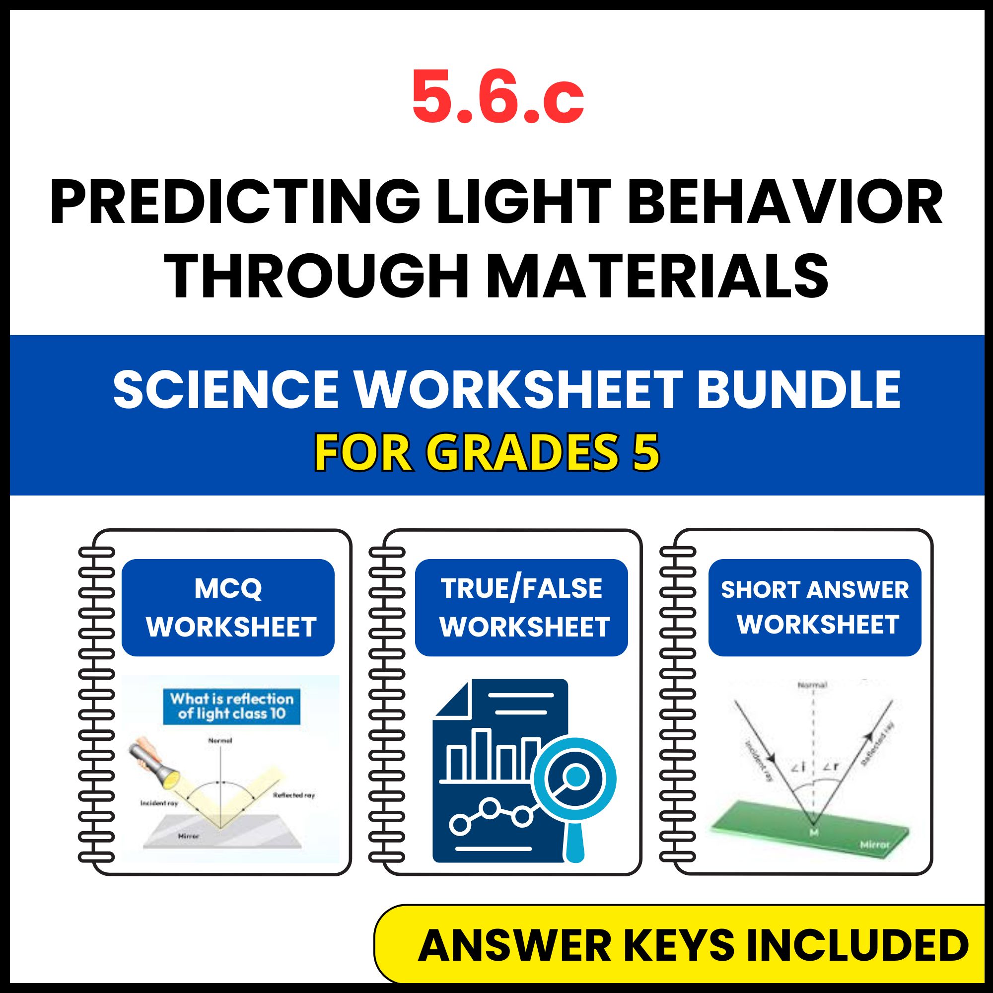 VA SOL Science | Light Behavior Through Materials | 3 Worksheets | Grade 5