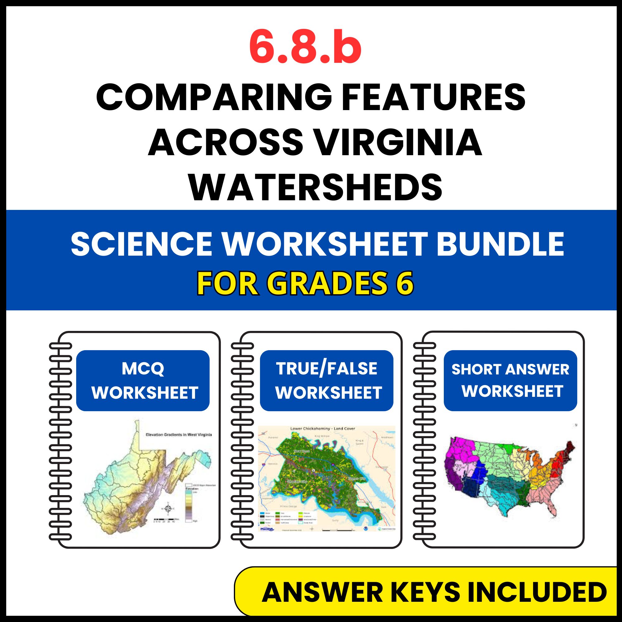 VA SOL Science | Features Across Virginia Watersheds | 3 Worksheets | Grade 6