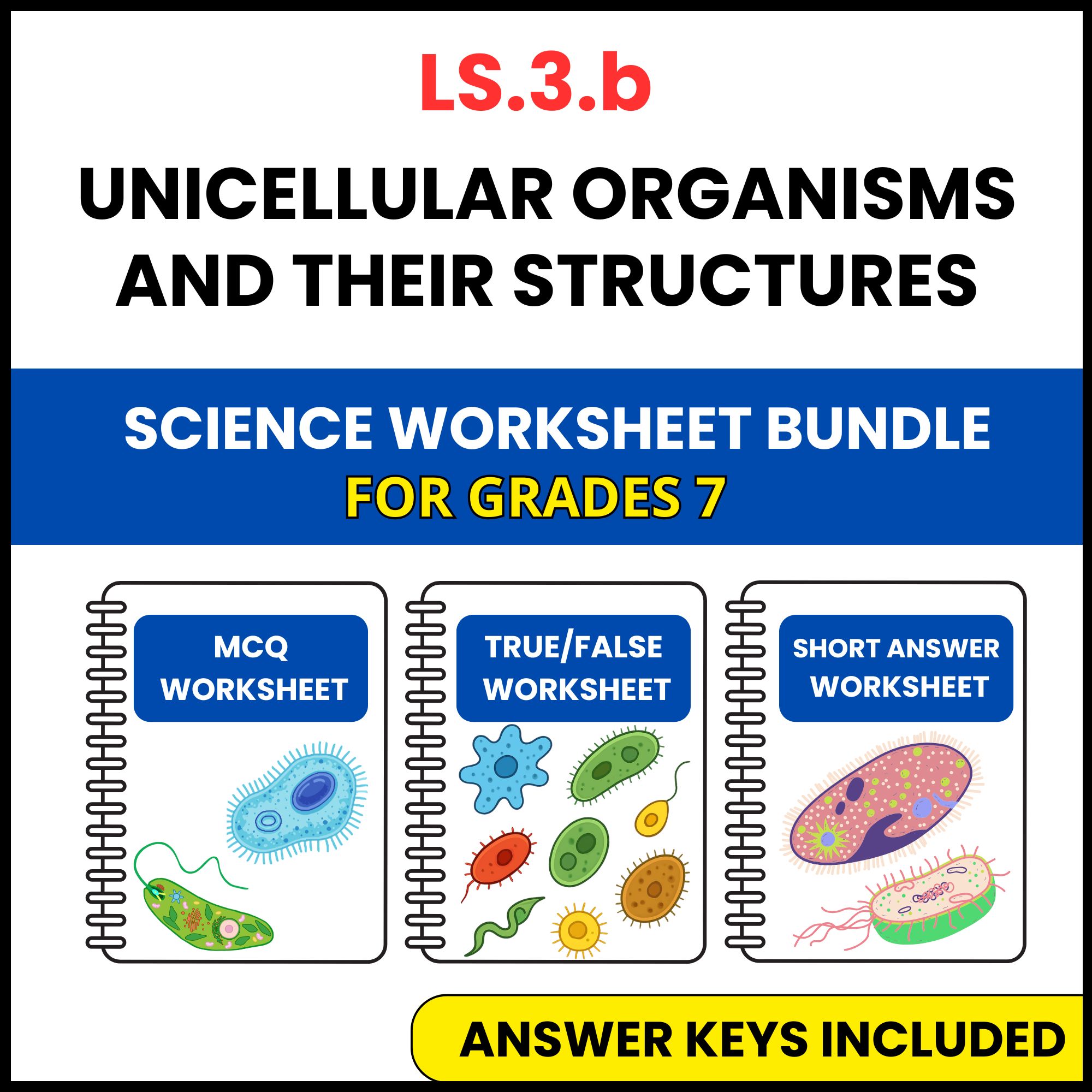 VA SOL Life Science | Unicellular Organisms and Their | 3 Worksheets | Grade 7