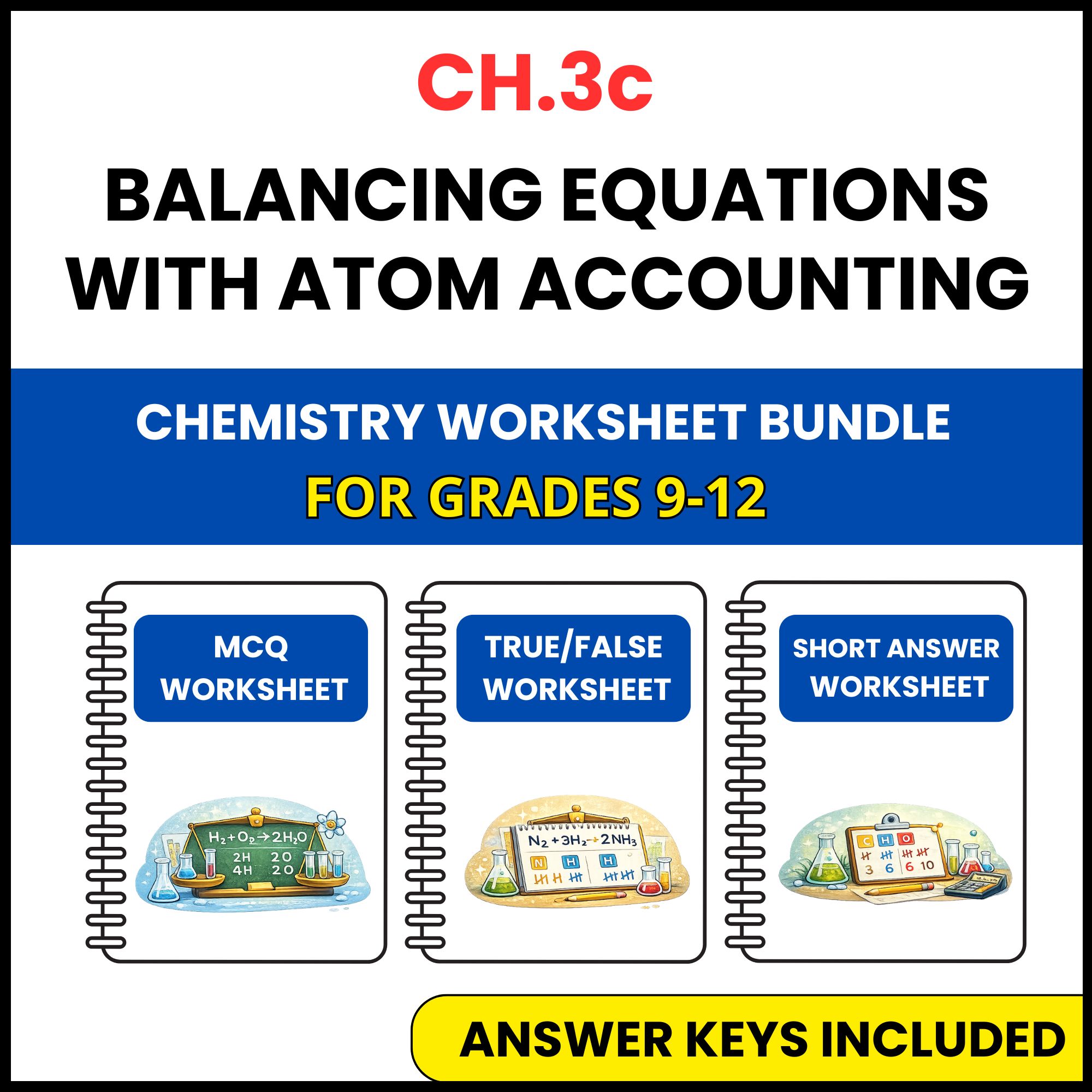 VA SOL Chemistry | Balancing Equations with Atom | 3 Worksheets | Grade 9-12