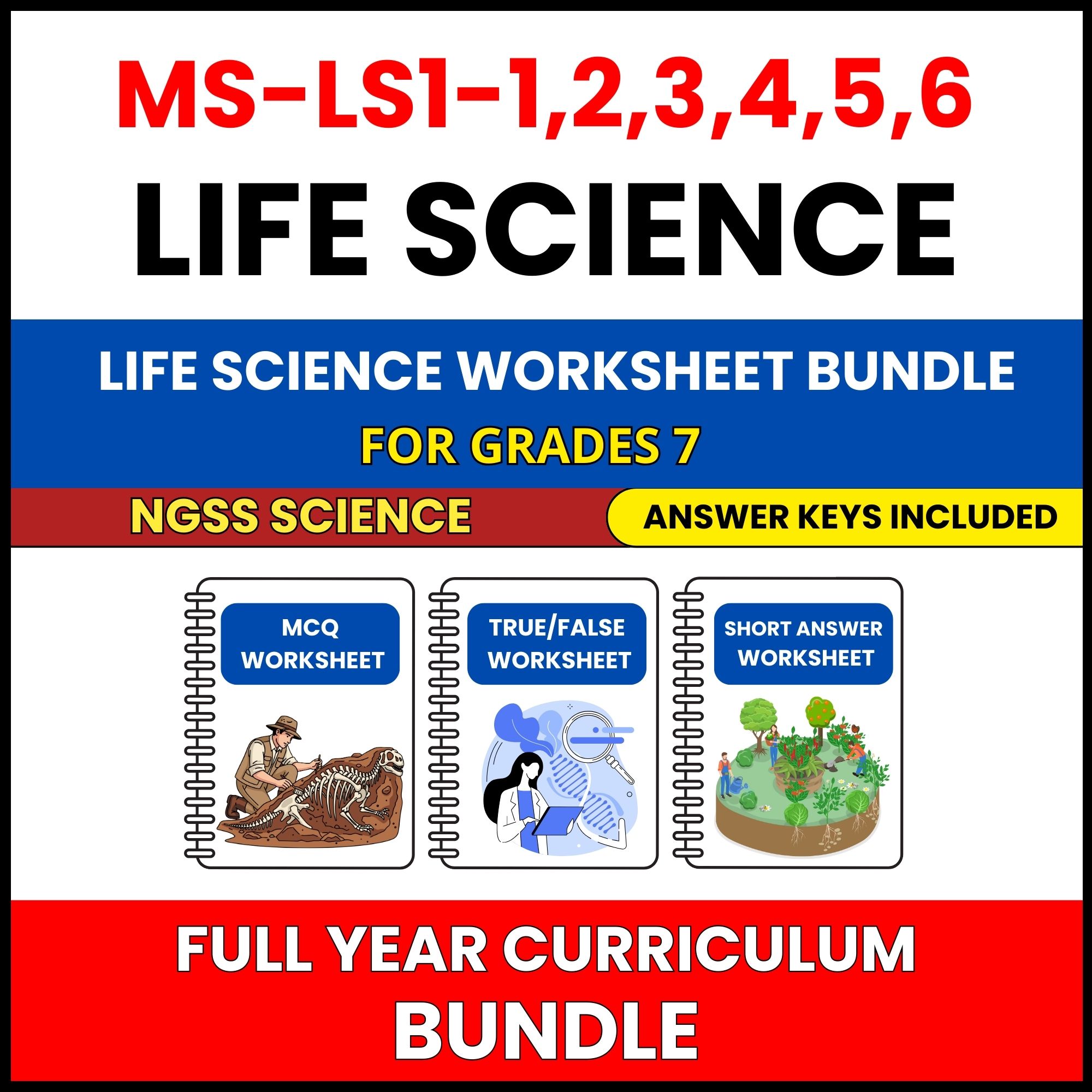 MS NGSS Life Science | Full Year Curriculum | 270 Worksheets BUNDLE | Grade 7
