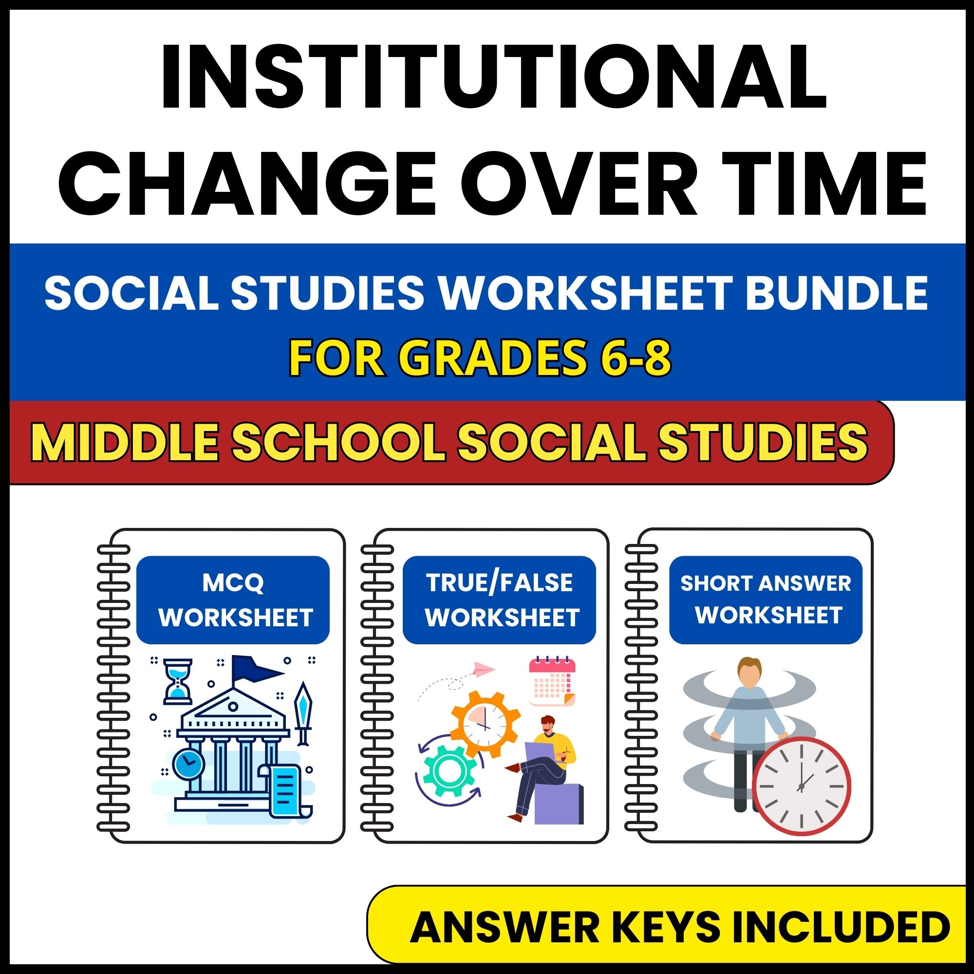 MS Social Studies | Institutional Change Over Time | 3 Worksheets | Grade 6-8