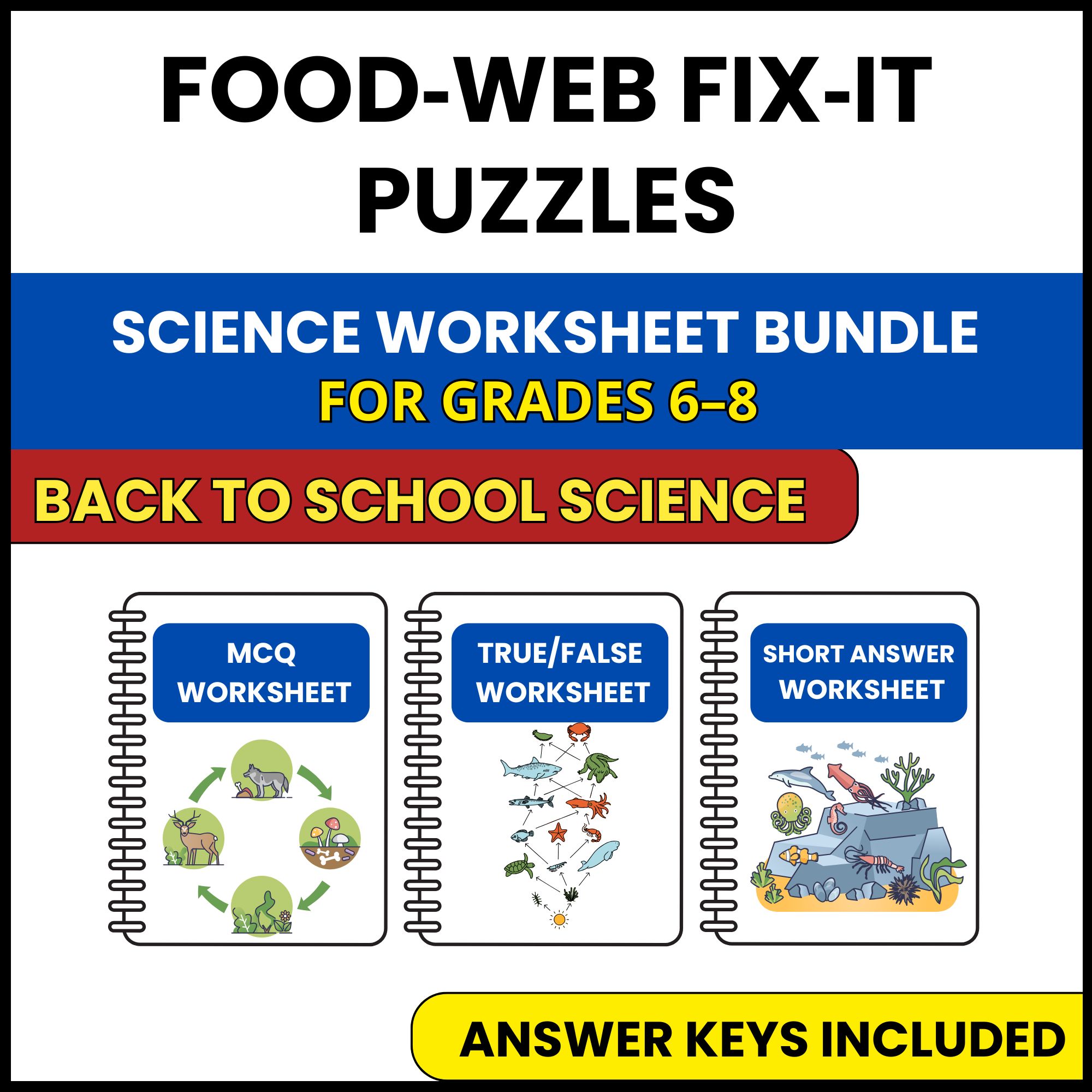 Back to School | Food Web Fix It Puzzles | 3 Worksheets | Grade 6-8