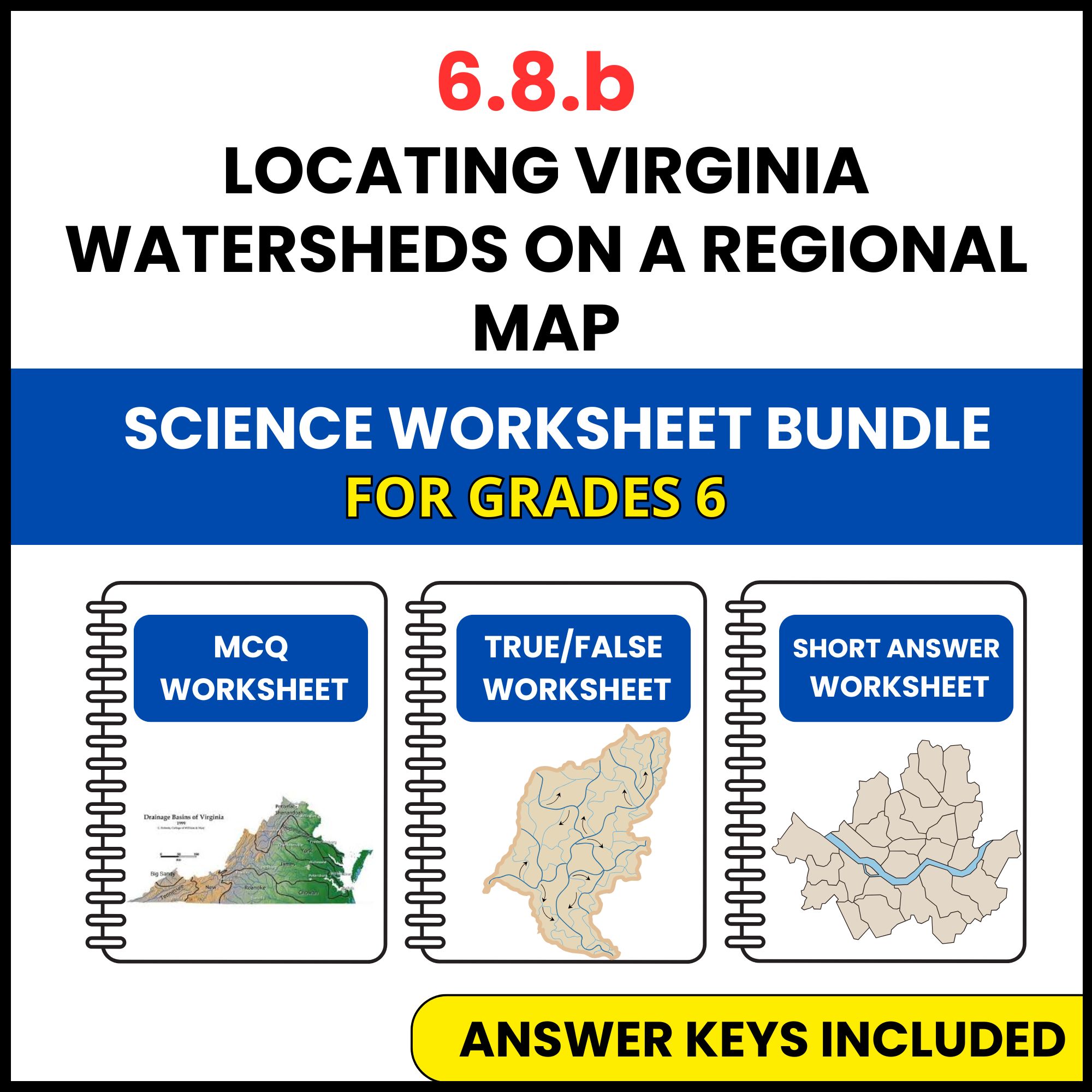 VA SOL Science | Locating Virginia Watersheds | 3 Worksheets | Grade 6