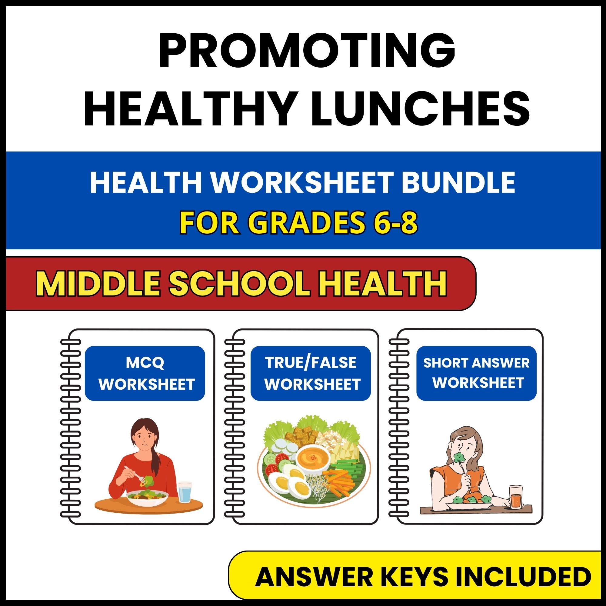 MS Health | Promoting Healthy Lunches | 3 Worksheets | Grade 6-8