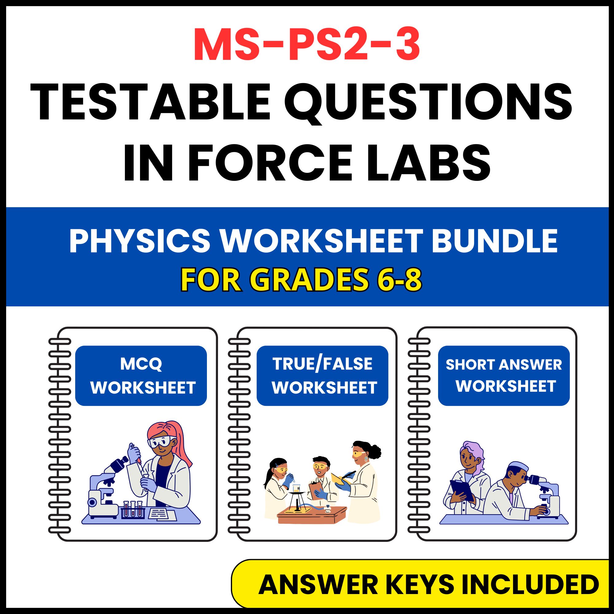 MS NGSS Physics | Testable Questions in Force Labs | 3 Worksheets | Grade 6-8