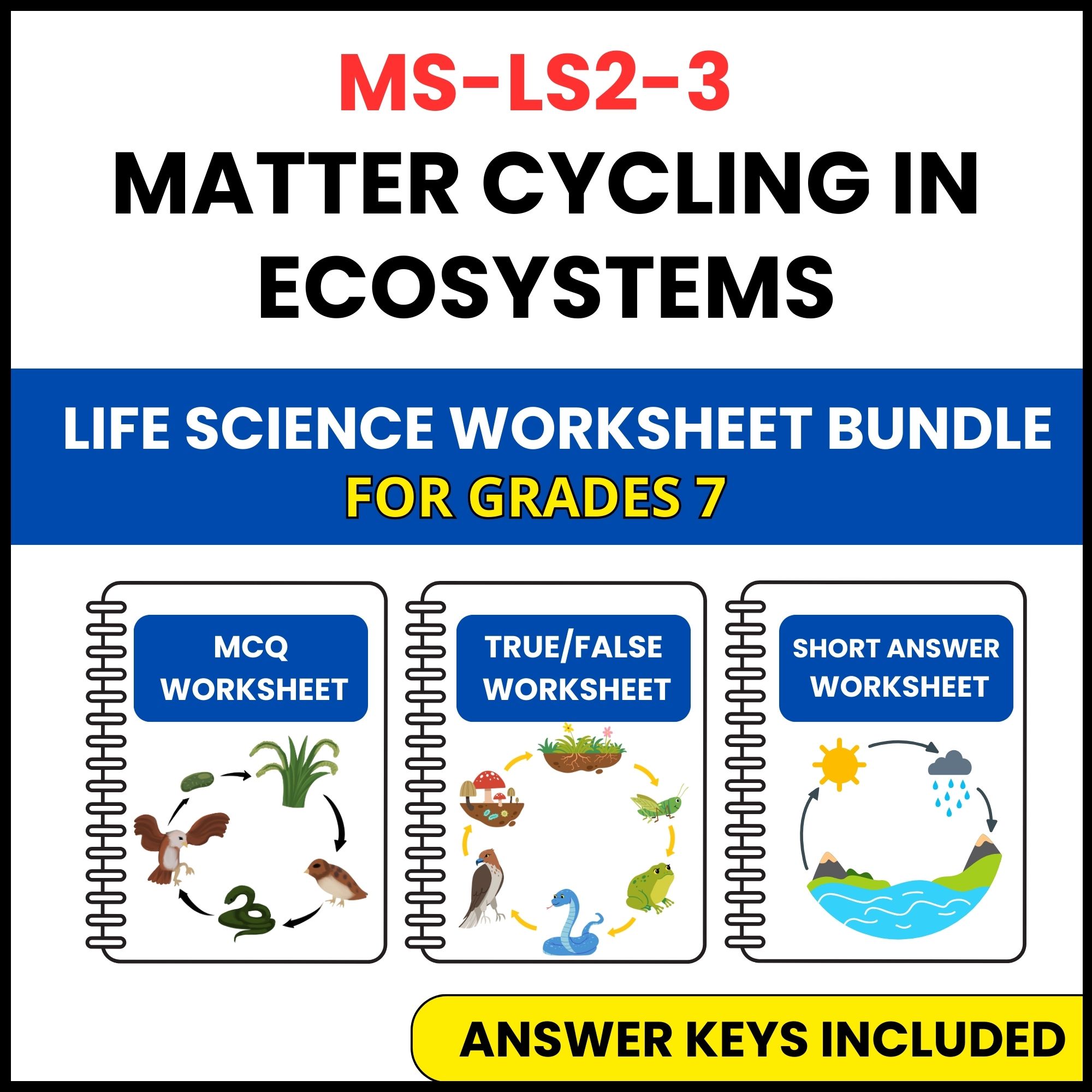 MS NGSS Life Science | Matter Cycling in Ecosystems | 3 Worksheets | Grade 7