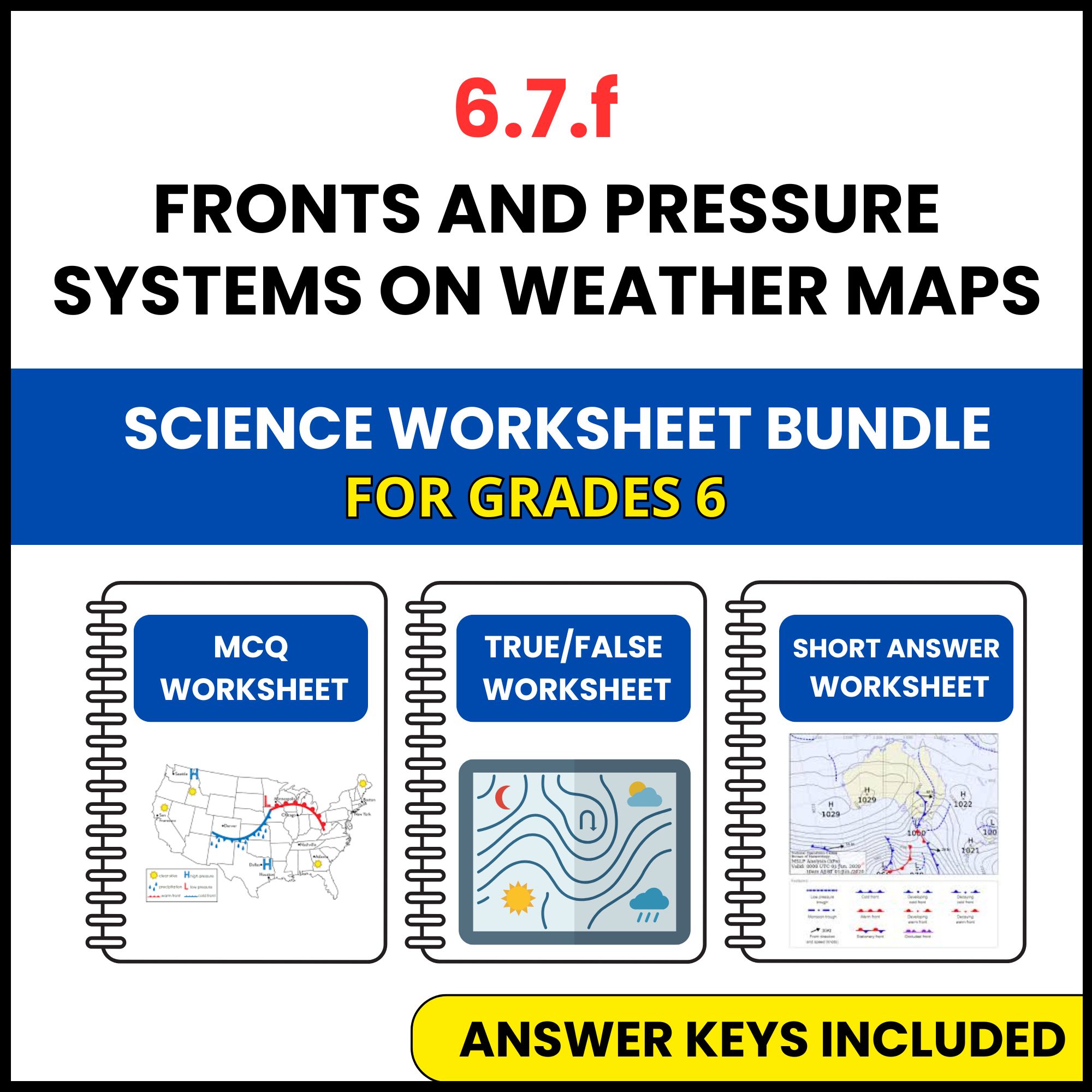 VA SOL Science | Fronts and Pressure Systems on Weather | 3 Worksheets | Grade 6