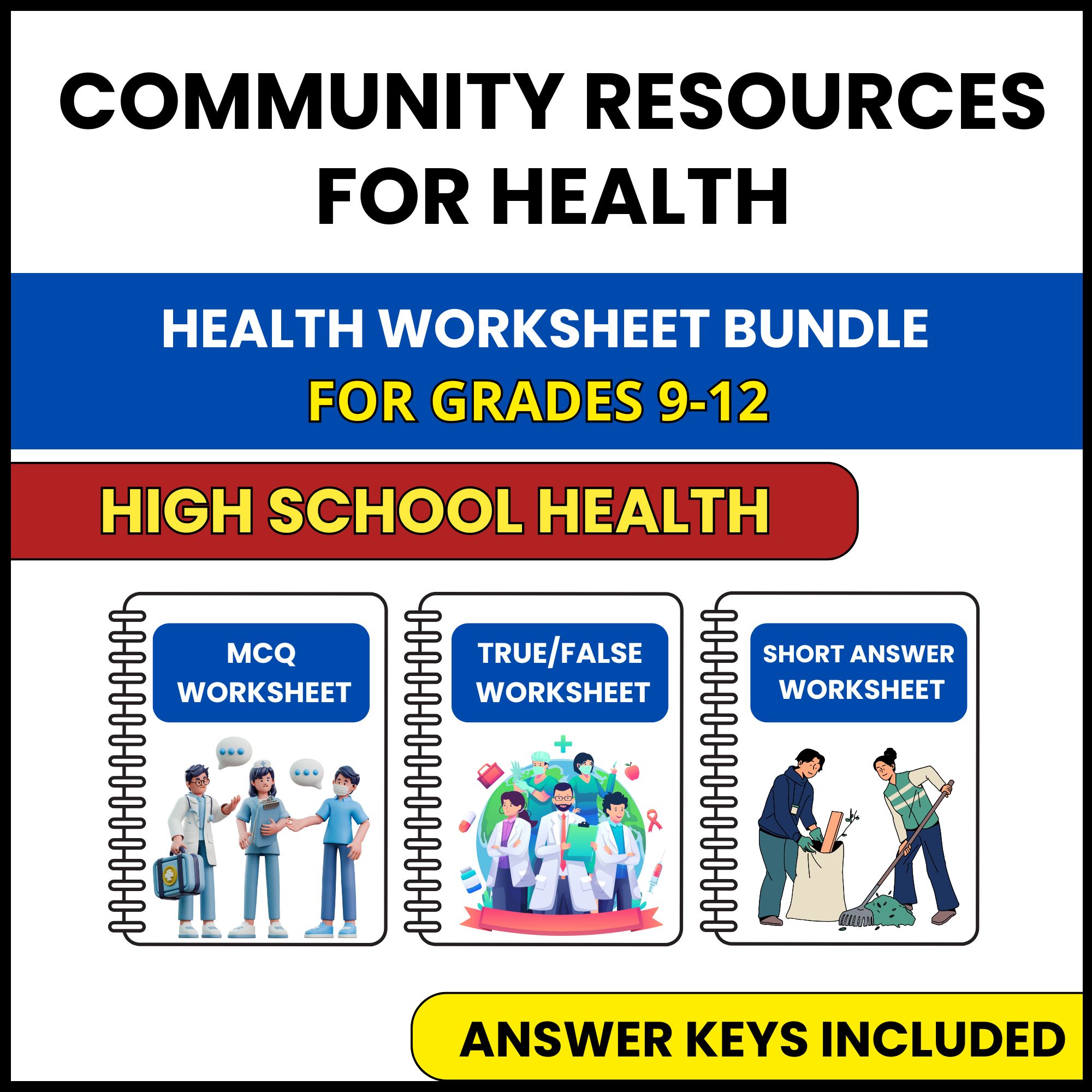 HS Health | Community Resources for Health | 3 Worksheets | Grade 9-12