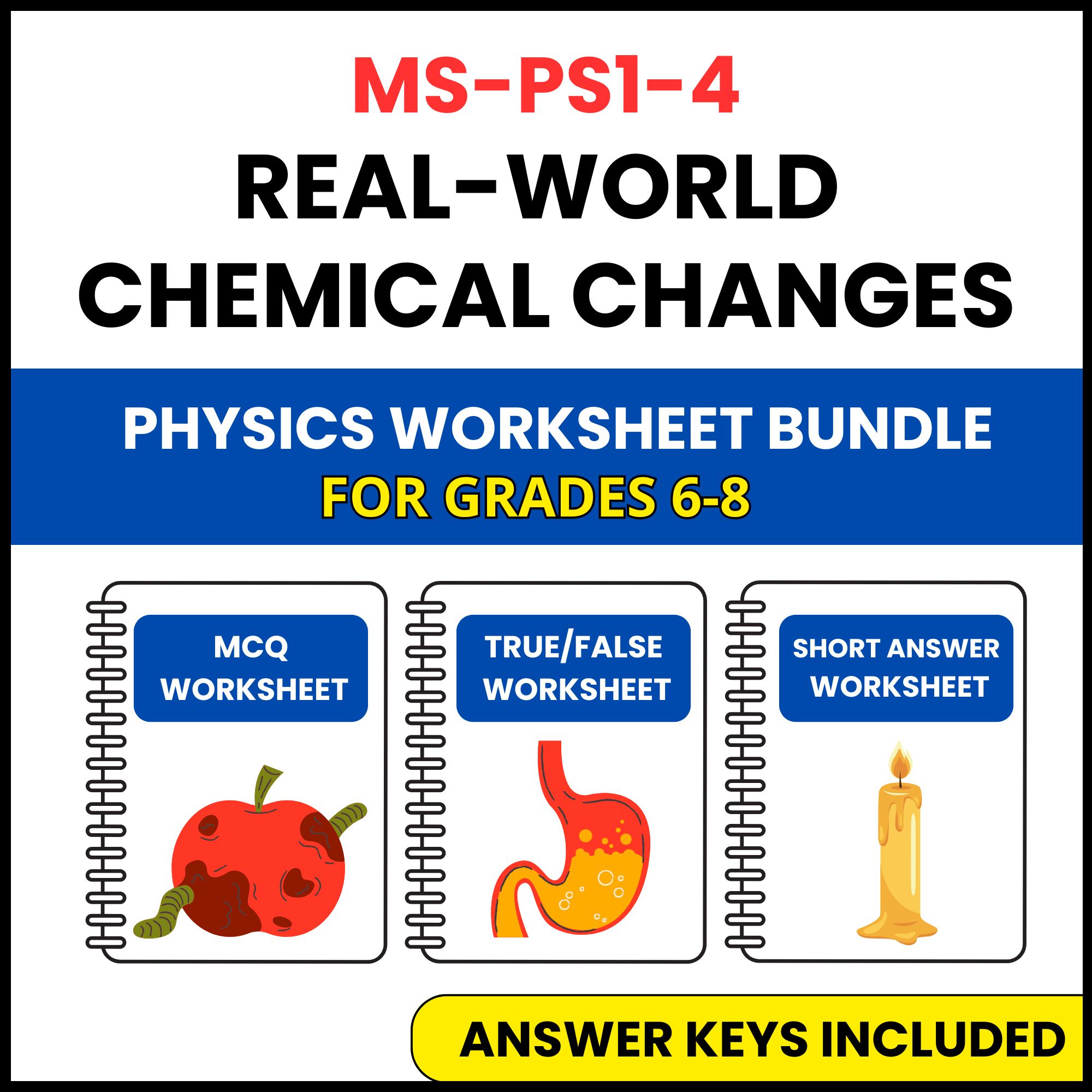MS NGSS Physics | Real World Chemical Changes | 3 Worksheets | Grade 6-8