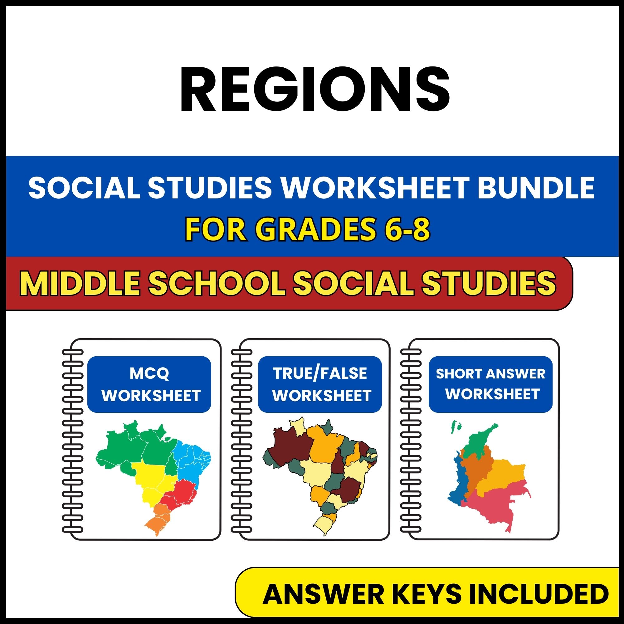 MS Social Studies | Regions | 3 Worksheets | Grade 6-8
