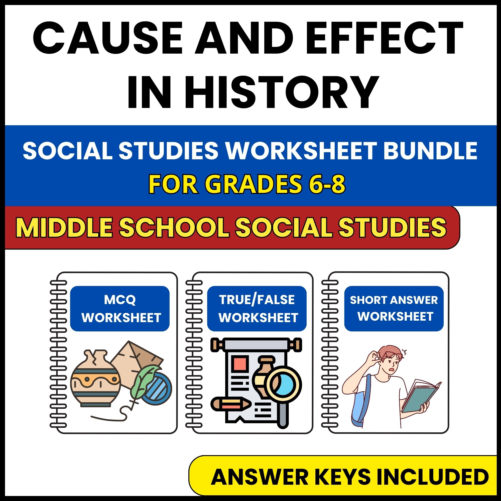 MS Social Studies | Cause and Effect in History | 3 Worksheets | Grade 6-8