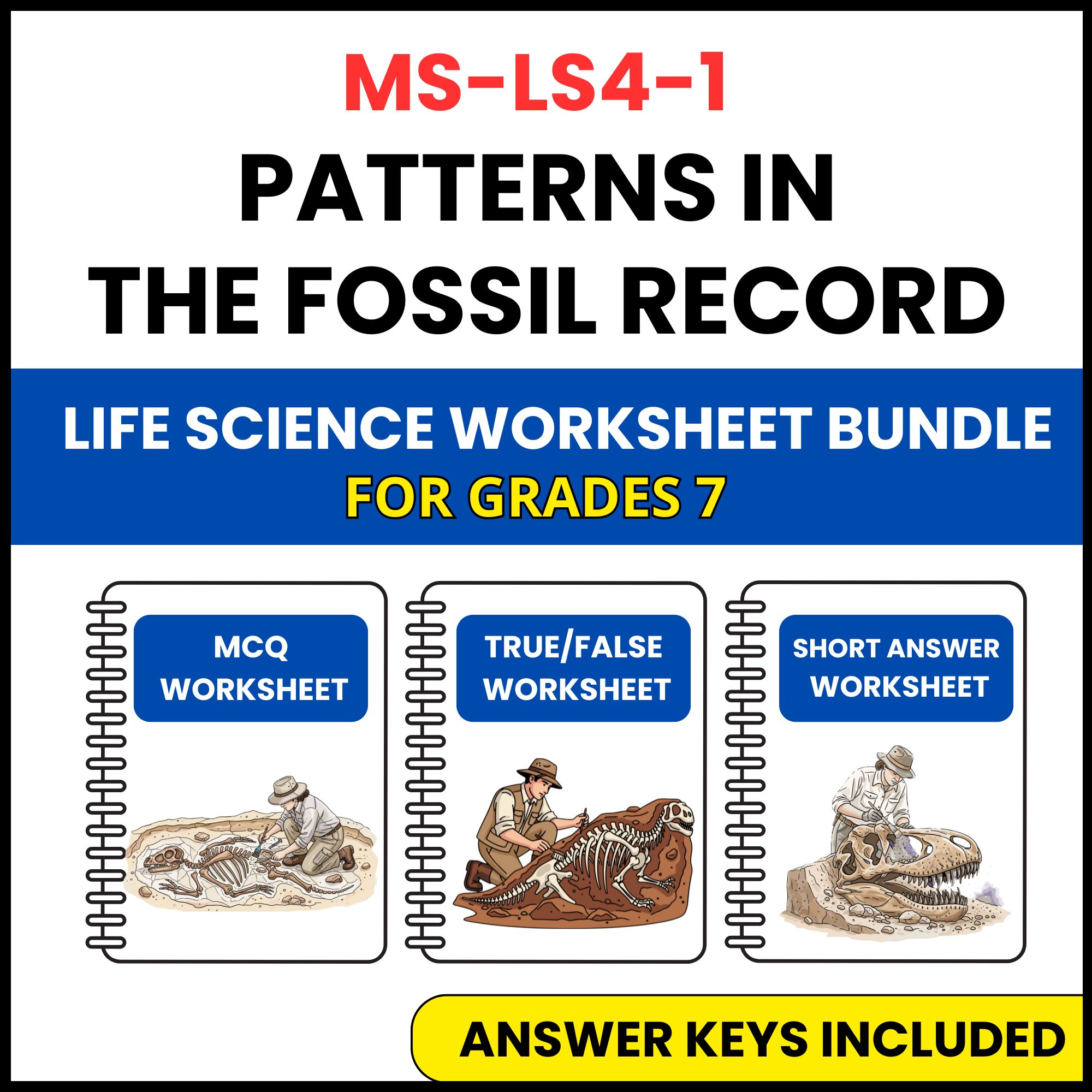 MS NGSS Life Science | Patterns in the Fossil Record | 3 Worksheets | Grade 7