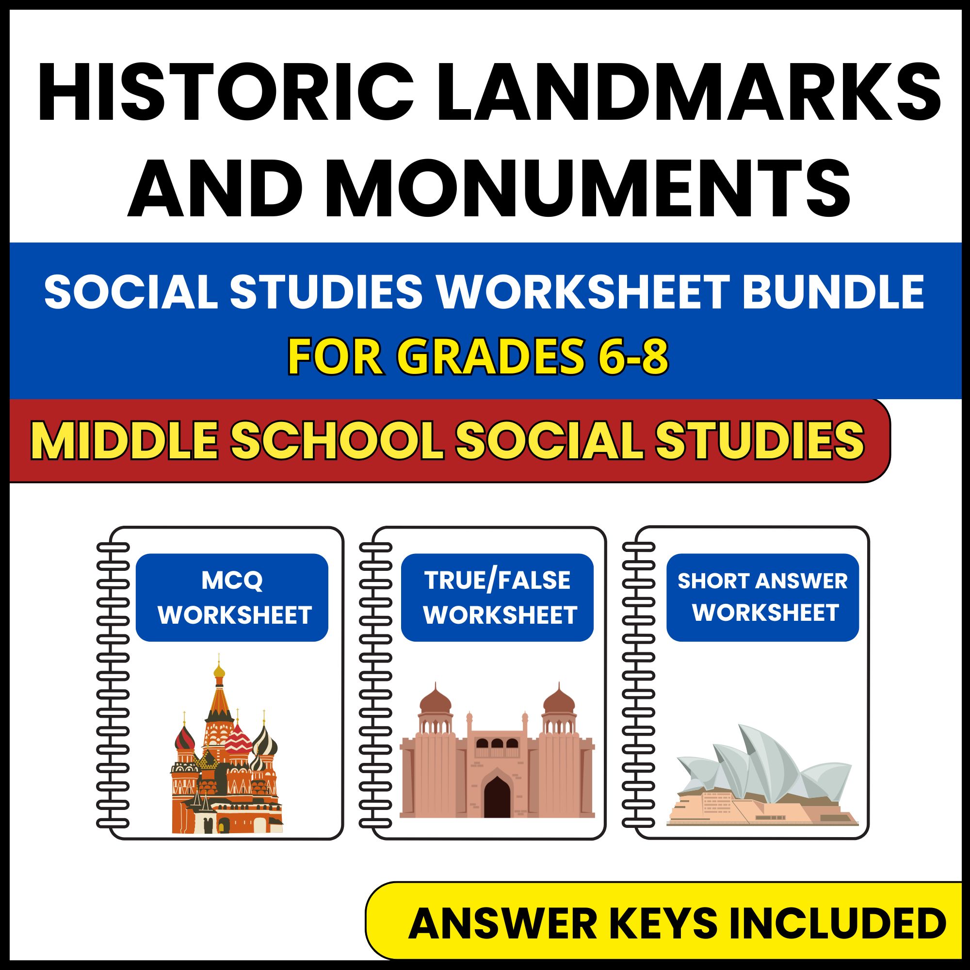 MS Social Studies | Historic Landmarks and Monuments | 3 Worksheets | Grade 6-8