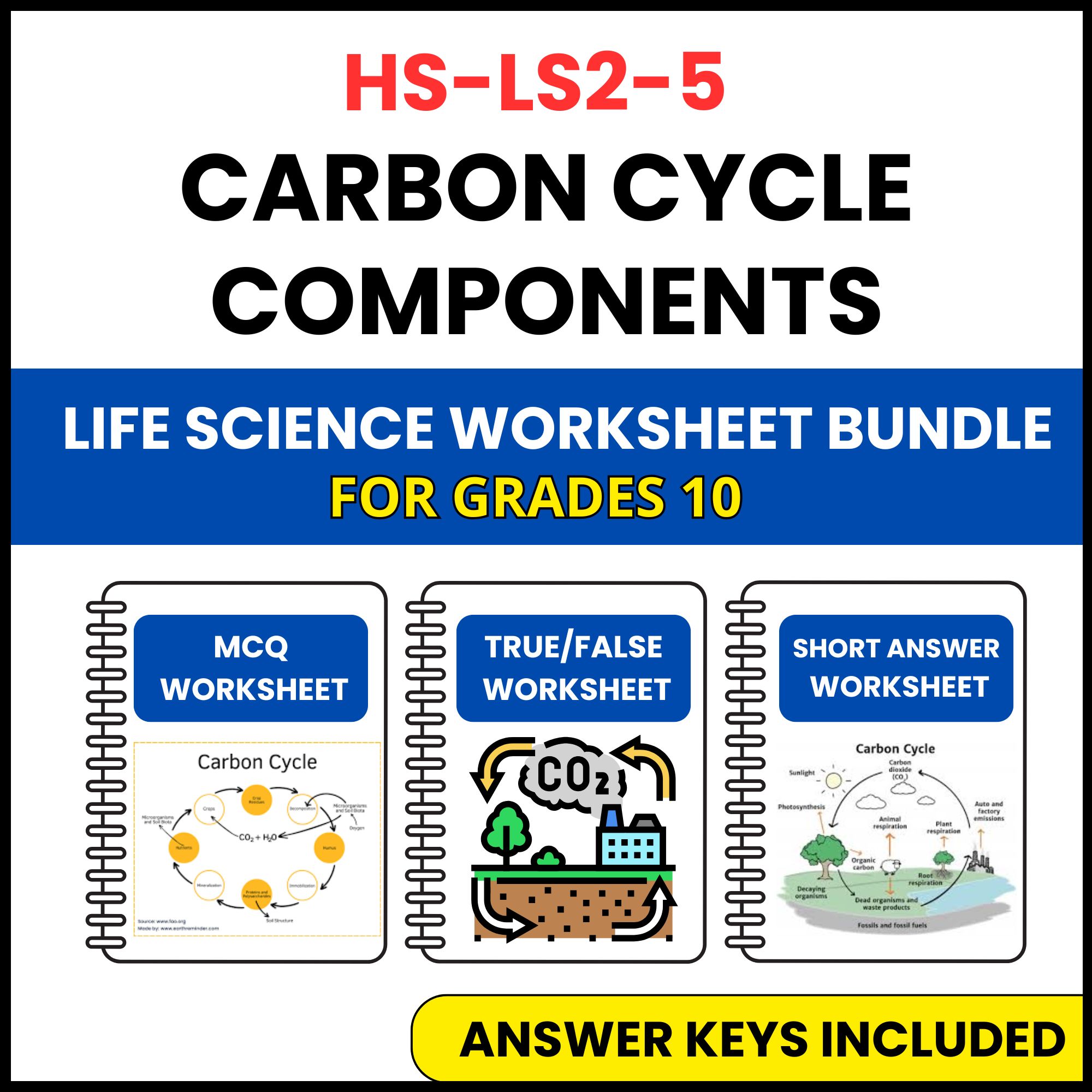 HS NGSS Life Science | Carbon Cycle Components | 3 Worksheets | Grade 10