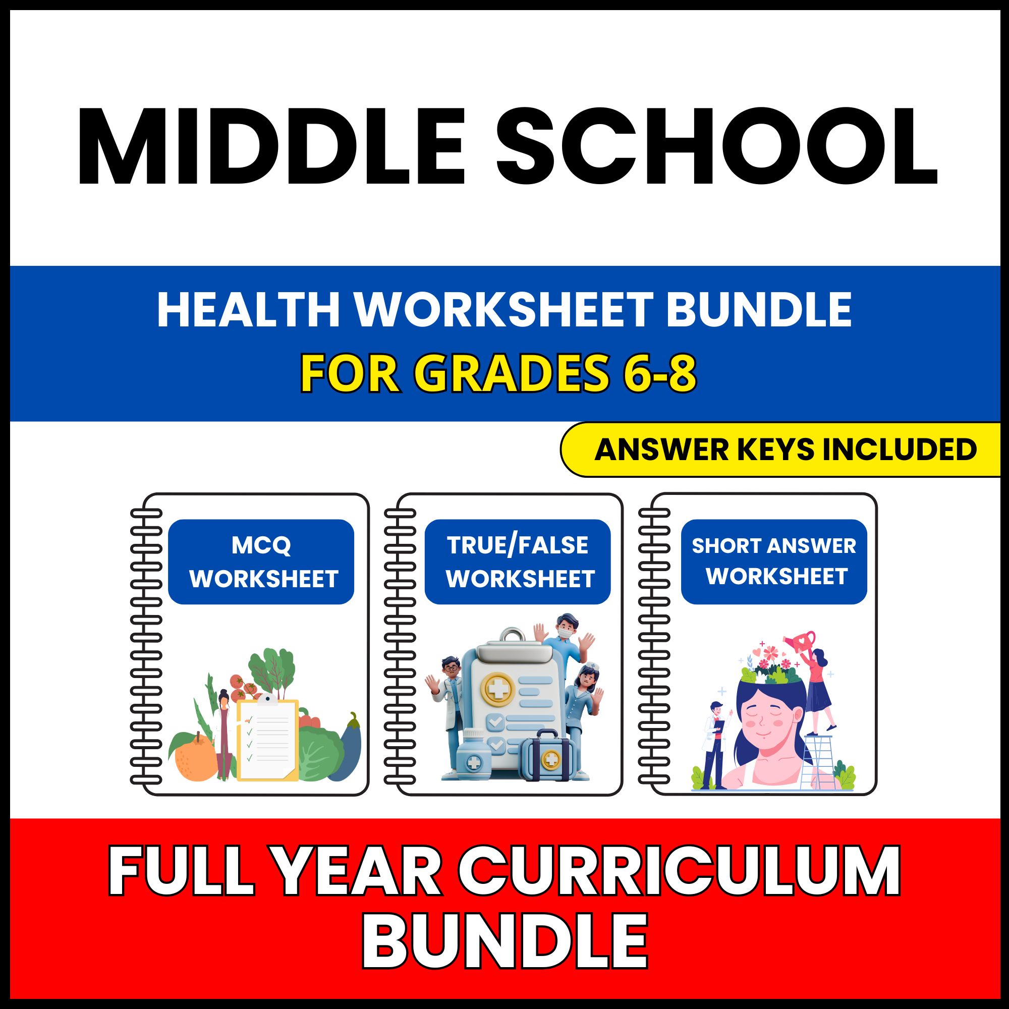 MS Health | Full Year Curriculum | 357 Worksheets BUNDLE | Grade 6-8