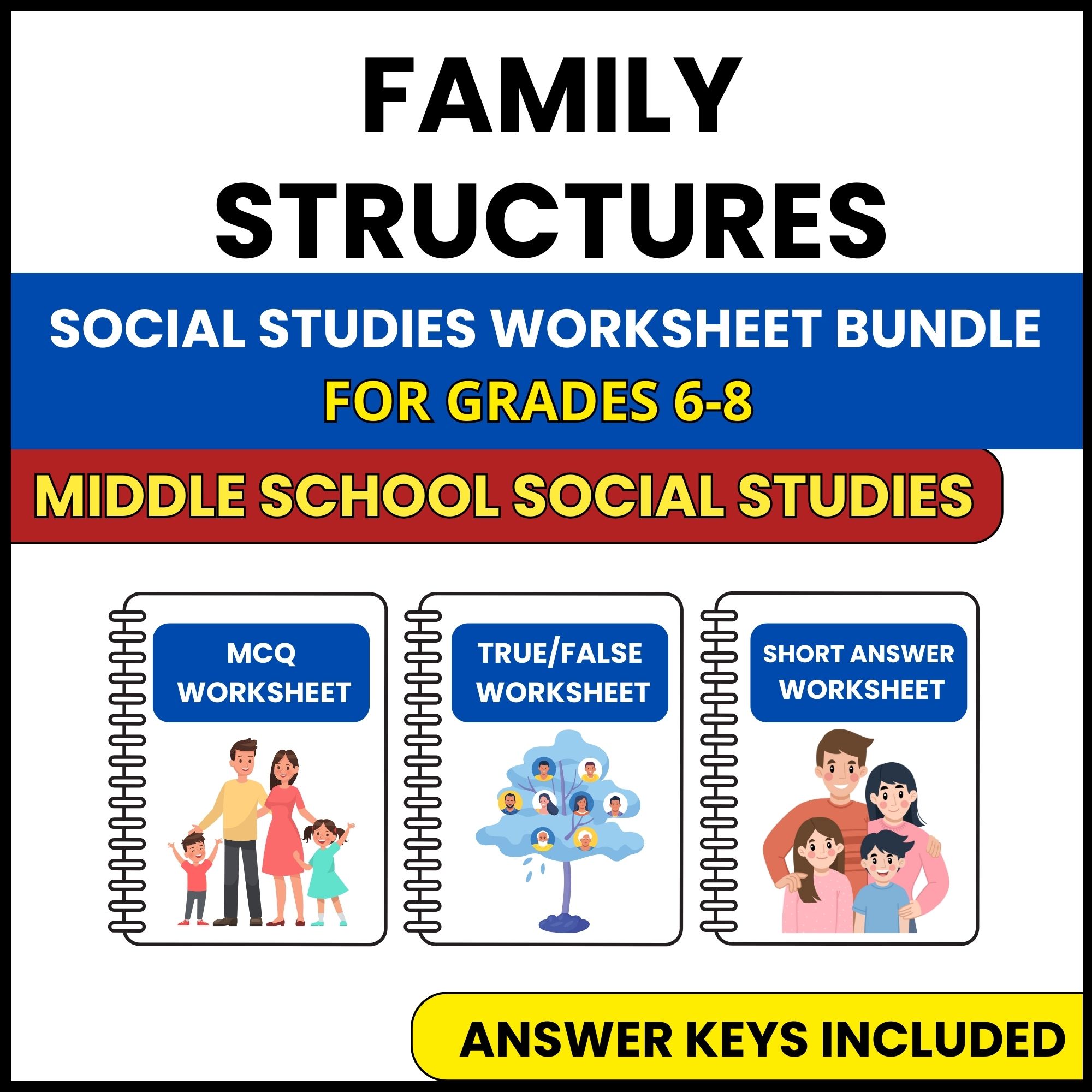 MS Social Studies | Family Structures | 3 Worksheets | Grade 6-8