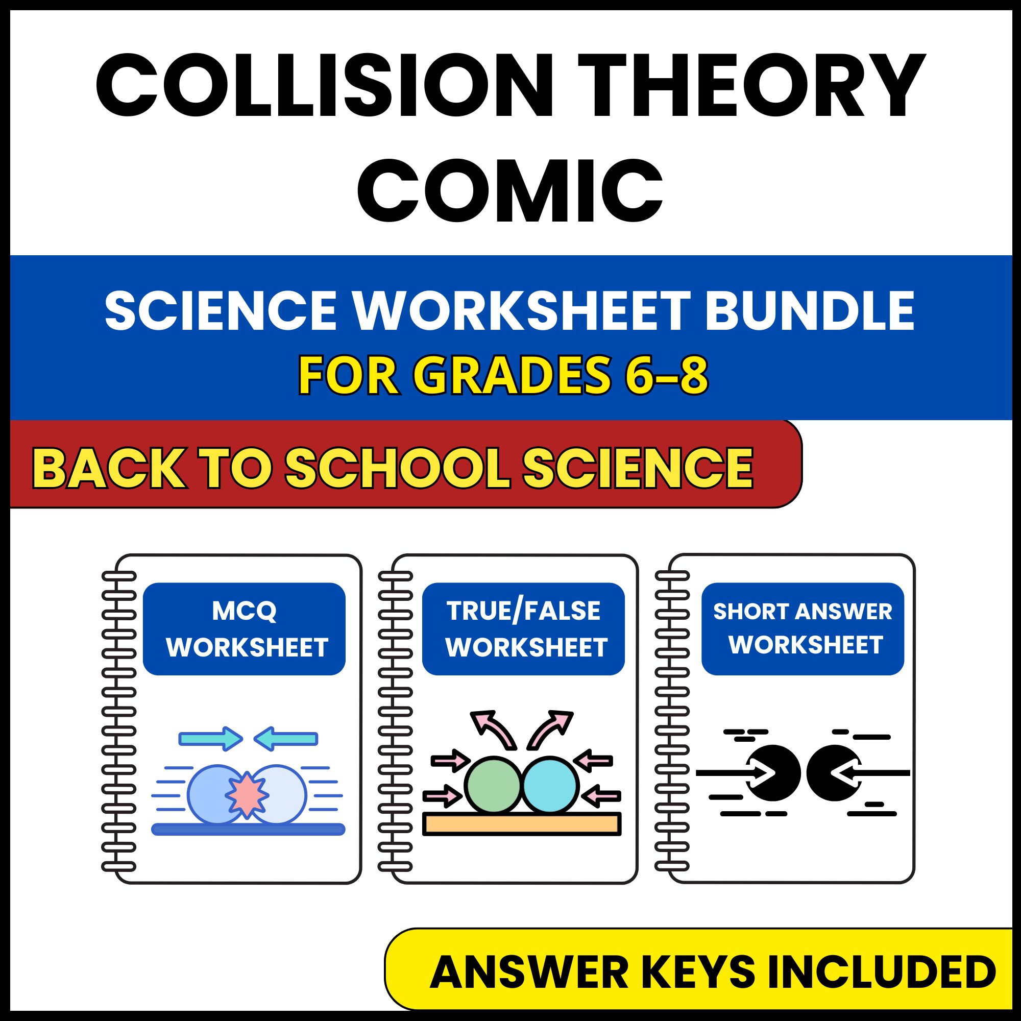 Back to School | Collision Theory Comic | 3 Worksheets | Grade 6-8