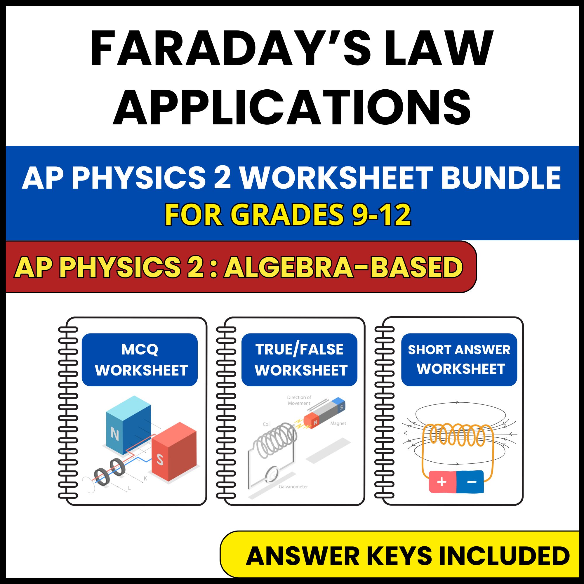 AP Physics 2 | Faraday’s Law Applications | 3 Worksheets | Grade 9-12